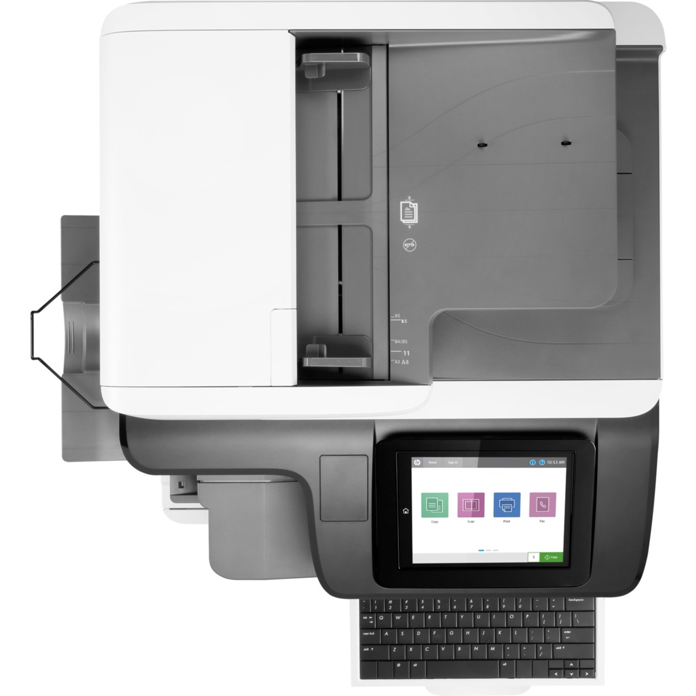HP LaserJet Enterprise M776zs Wireless Laser Multifunction Printer - Color - Copier/Fax/Printer/Scanner - 46 ppm Mono/46 ppm Color Print - 1200 x 1200 dpi Print - Automatic Duplex Print - Up to 200000 Pages Monthly - 1750 sheets Input - Color Flatbed Scanner - 600 dpi Optical Scan - Monochrome Fax - Gigabit Ethernet - Wireless LAN - HP ePrint, Mopria, Near Field Communication (NFC), Wi-Fi Direct, Google Cloud Print, Apple AirPrint - USB - For Plain Paper Print — top