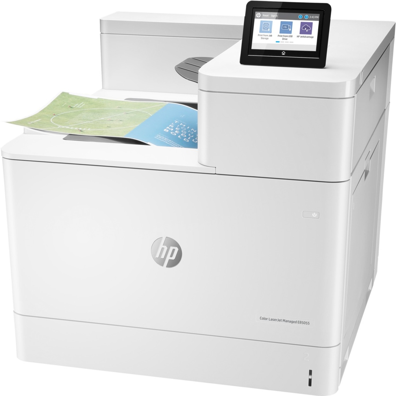 HP LaserJet Managed E85055dn Desktop Laser Printer - Color - 56 ppm Mono / 56 ppm Color - 1200 x 1200 dpi Print - Automatic Duplex Print - 650 Sheets Input - Ethernet - 250000 Pages Duty Cycle - Plain Paper Print - Gigabit Ethernet - USB — left