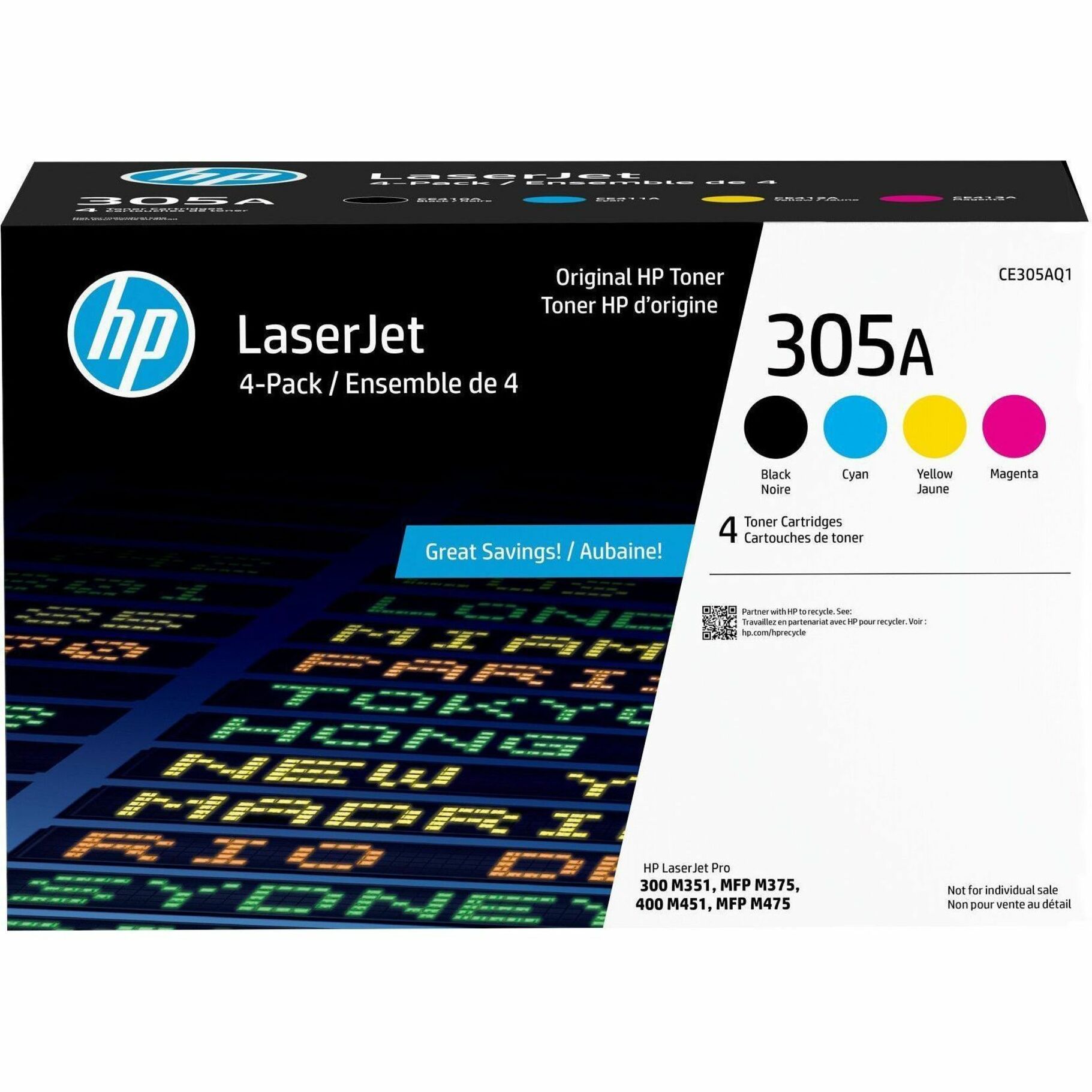 HP 305A (CE305AQ1) Original Laser Toner Cartridge - Combo Pack - Black, Cyan, Magenta, Yellow - 4 / Carton - 1520 Pages Black, 1800 Pages Cyan, 1800 Pages Magenta, 1800 Pages Yellow