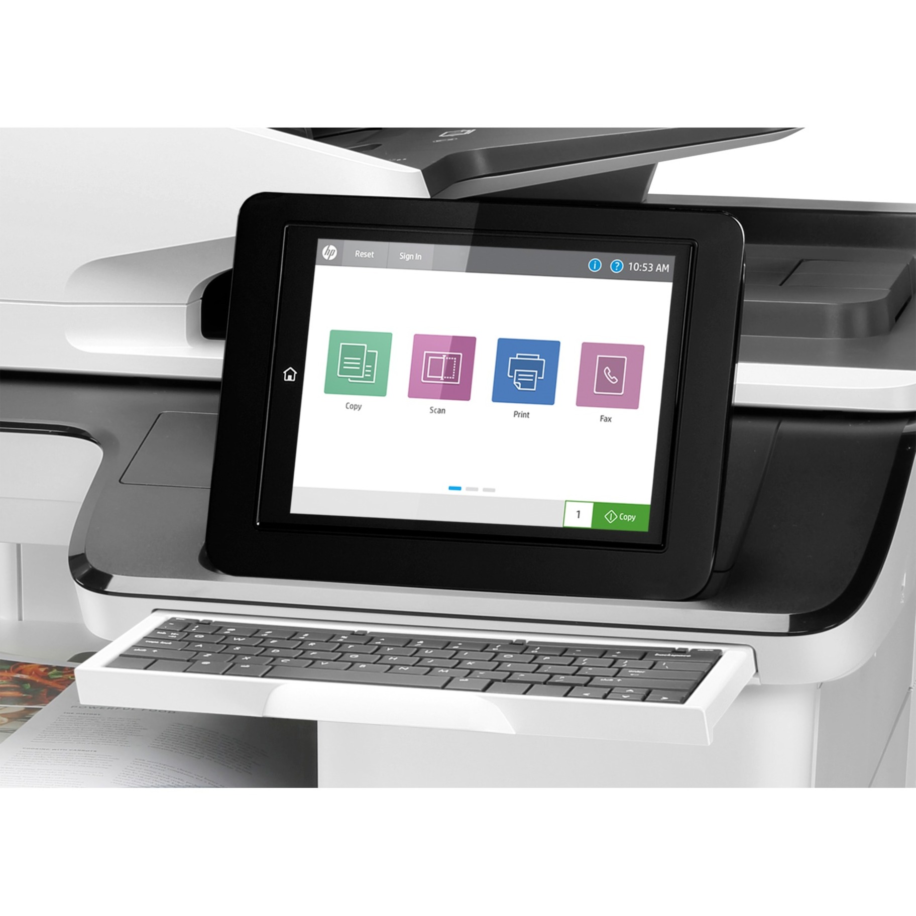 HP LaserJet Enterprise M776z Wired & Wireless Laser Multifunction Printer - Color - Copier/Fax/Printer/Scanner - 45 ppm Mono/45 ppm Color Print - 1200 x 1200 dpi Print - Automatic Duplex Print - Up to 200000 Pages Monthly - 2300 sheets Input - Color Flatbed Scanner - 600 dpi Optical Scan - Color Fax - Gigabit Ethernet - Wireless LAN - HP ePrint, Mopria, Near Field Communication (NFC), Wi-Fi Direct, Google Cloud Print, Apple AirPrint - USB - For Plain Paper Print — alternate image1