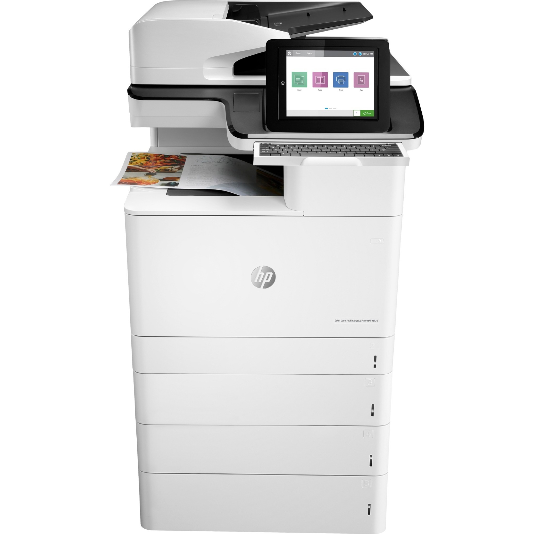 HP LaserJet Enterprise M776z Wired & Wireless Laser Multifunction Printer - Color - Copier/Fax/Printer/Scanner - 45 ppm Mono/45 ppm Color Print - 1200 x 1200 dpi Print - Automatic Duplex Print - Up to 200000 Pages Monthly - 2300 sheets Input - Color Flatbed Scanner - 600 dpi Optical Scan - Color Fax - Gigabit Ethernet - Wireless LAN - HP ePrint, Mopria, Near Field Communication (NFC), Wi-Fi Direct, Google Cloud Print, Apple AirPrint - USB - For Plain Paper Print — front