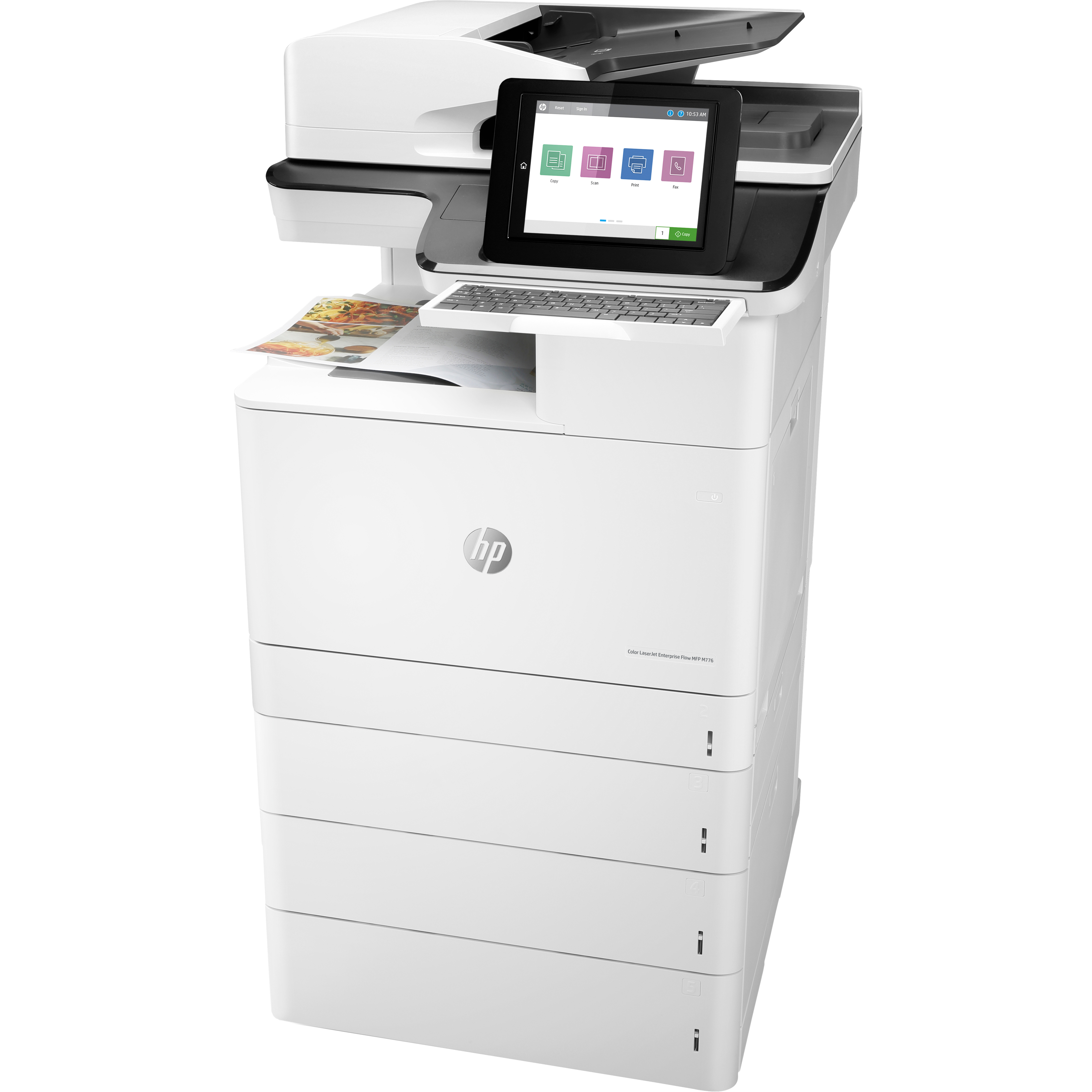 HP LaserJet Enterprise M776z Wired & Wireless Laser Multifunction Printer - Color - Copier/Fax/Printer/Scanner - 45 ppm Mono/45 ppm Color Print - 1200 x 1200 dpi Print - Automatic Duplex Print - Up to 200000 Pages Monthly - 2300 sheets Input - Color Flatbed Scanner - 600 dpi Optical Scan - Color Fax - Gigabit Ethernet - Wireless LAN - HP ePrint, Mopria, Near Field Communication (NFC), Wi-Fi Direct, Google Cloud Print, Apple AirPrint - USB - For Plain Paper Print