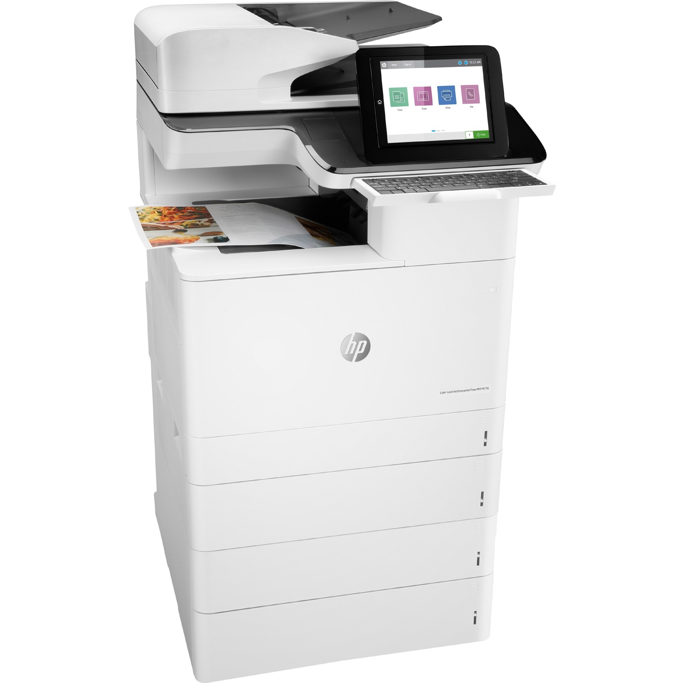 HP LaserJet Enterprise M776z Wired & Wireless Laser Multifunction Printer - Color - Copier/Fax/Printer/Scanner - 45 ppm Mono/45 ppm Color Print - 1200 x 1200 dpi Print - Automatic Duplex Print - Up to 200000 Pages Monthly - 2300 sheets Input - Color Flatbed Scanner - 600 dpi Optical Scan - Color Fax - Gigabit Ethernet - Wireless LAN - HP ePrint, Mopria, Near Field Communication (NFC), Wi-Fi Direct, Google Cloud Print, Apple AirPrint - USB - For Plain Paper Print — right