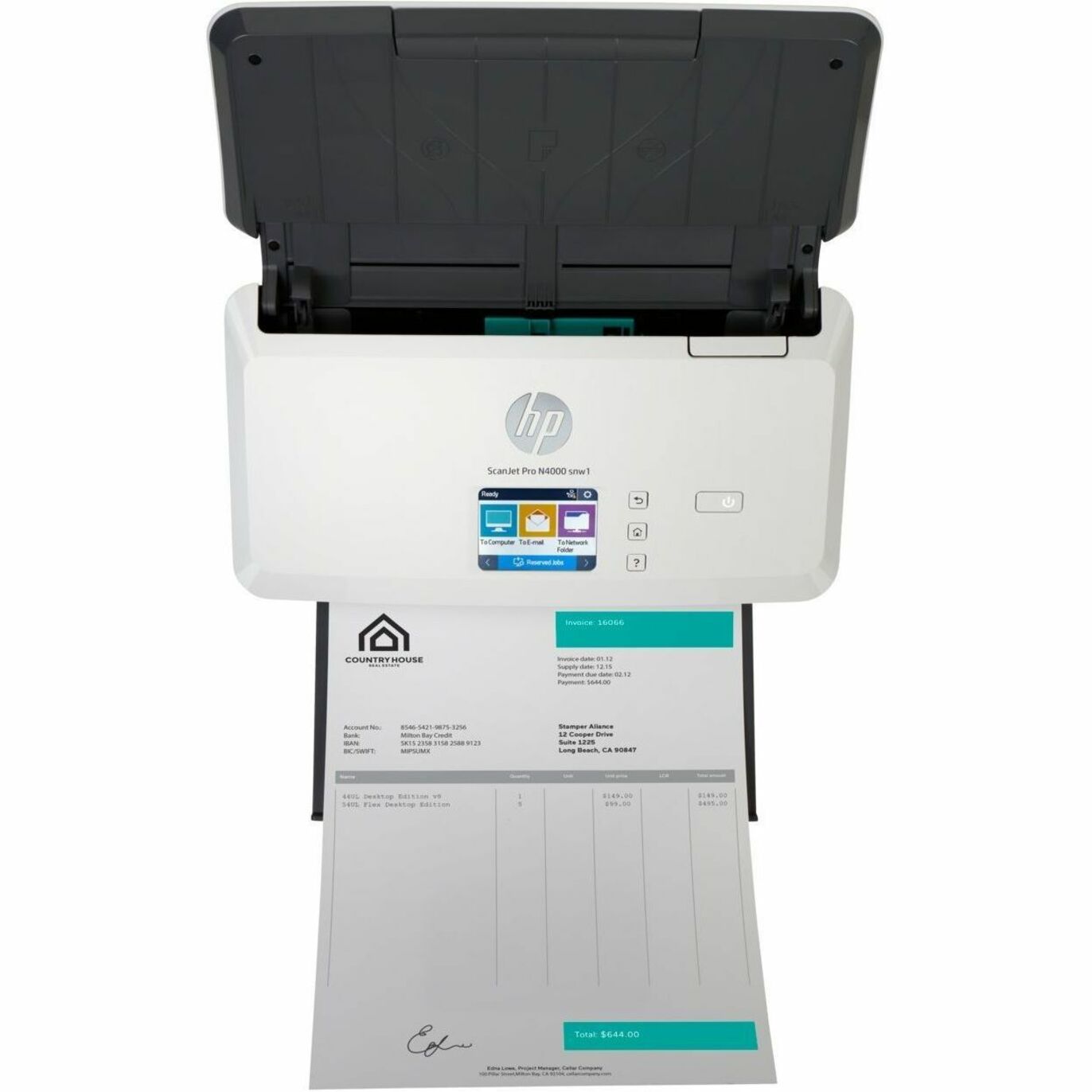 HP ScanJet Pro N4000 Sheetfed Scanner - 600 x 600 dpi Optical - 40 ppm (Mono) - 40 ppm (Color) - Grayscale, Color, Monochrome Scan - PC Free Scanning - Duplex Scanning - Cut Sheet Paper, Laser Paper, Pre-punched Paper, Cheques, Business Card, Plastic Card, Stapled Media, Plastic Carrier Sheet, Carbonless Form - Wireless LAN - USB — alternate image1