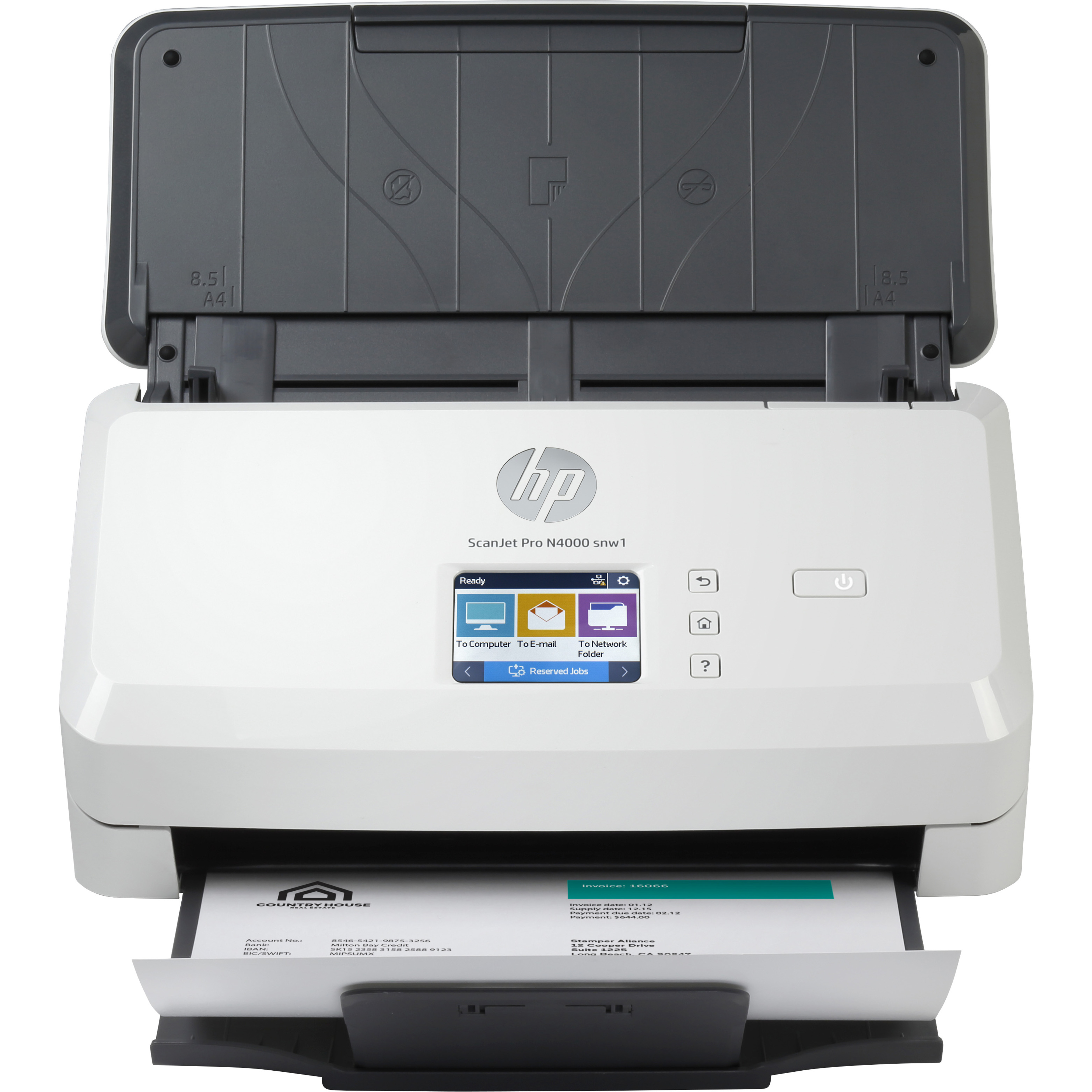 HP ScanJet Pro N4000 Sheetfed Scanner - 600 x 600 dpi Optical - 40 ppm (Mono) - 40 ppm (Color) - Grayscale, Color, Monochrome Scan - PC Free Scanning - Duplex Scanning - Cut Sheet Paper, Laser Paper, Pre-punched Paper, Cheques, Business Card, Plastic Card, Stapled Media, Plastic Carrier Sheet, Carbonless Form - Wireless LAN - USB