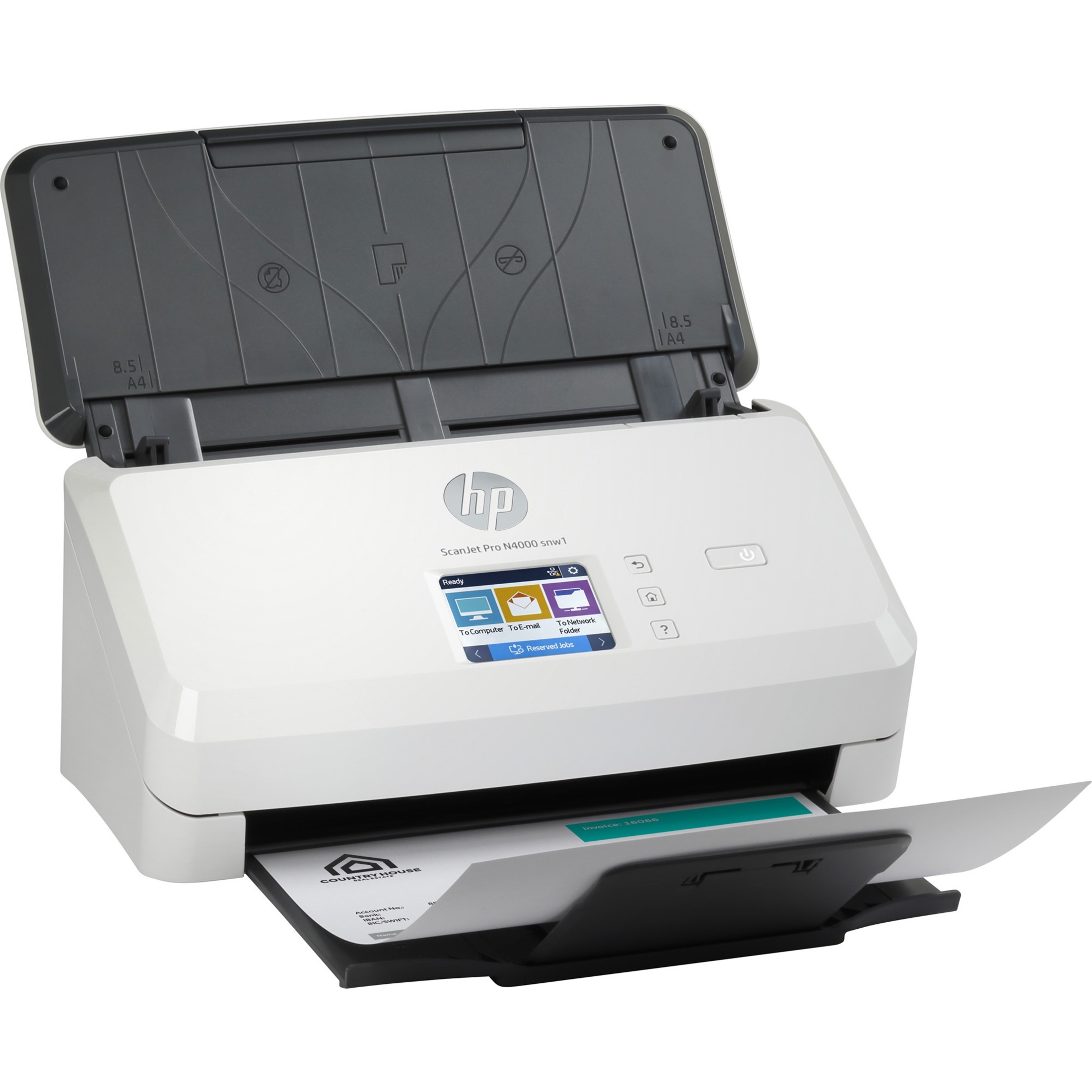 HP ScanJet Pro N4000 Sheetfed Scanner - 600 x 600 dpi Optical - 40 ppm (Mono) - 40 ppm (Color) - Grayscale, Color, Monochrome Scan - PC Free Scanning - Duplex Scanning - Cut Sheet Paper, Laser Paper, Pre-punched Paper, Cheques, Business Card, Plastic Card, Stapled Media, Plastic Carrier Sheet, Carbonless Form - Wireless LAN - USB — right