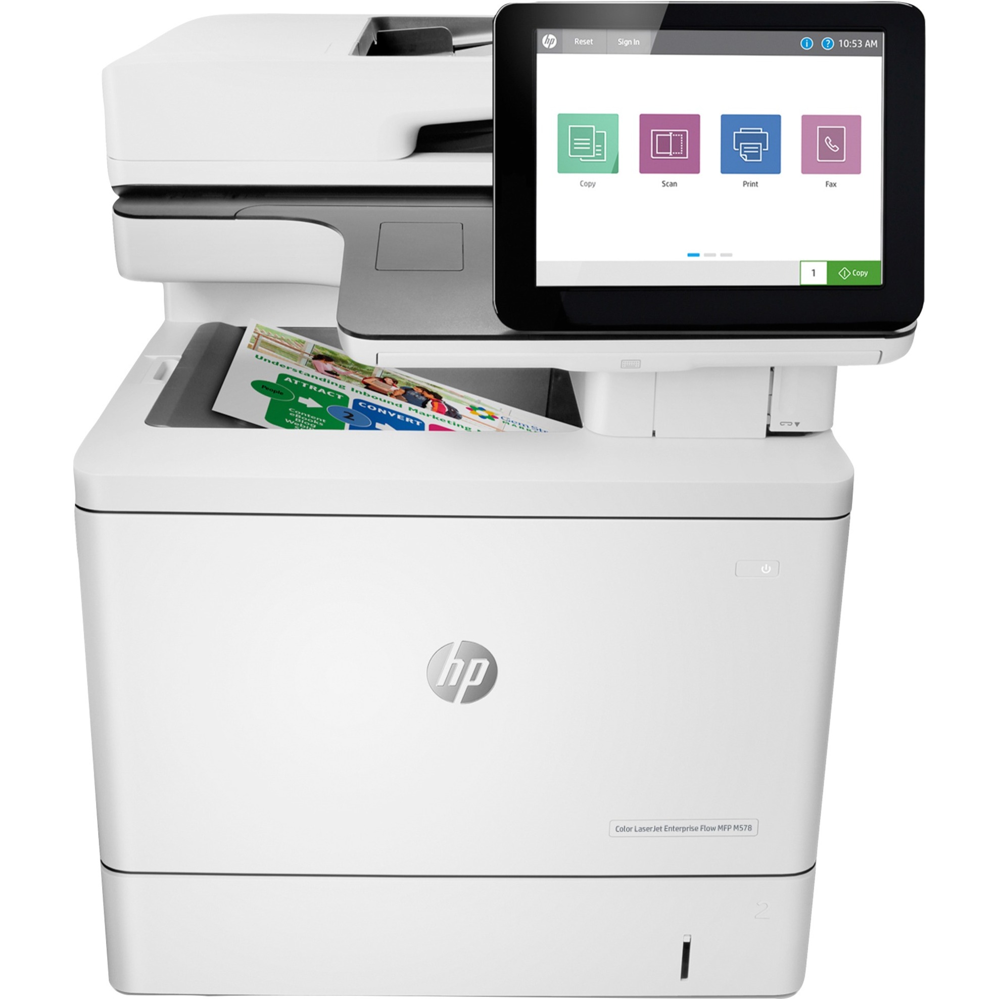 HP LaserJet Enterprise M578c Laser Multifunction Printer - Color - Copier/Fax/Printer/Scanner - 40 ppm Mono/40 ppm Color Print - 1200 x 1200 dpi Print - Automatic Duplex Print - Up to 80000 Pages Monthly - 650 sheets Input - Color Scanner - 600 dpi Optical Scan - Monochrome Fax - Gigabit Ethernet - USB - For Plain Paper Print — frontmaximum