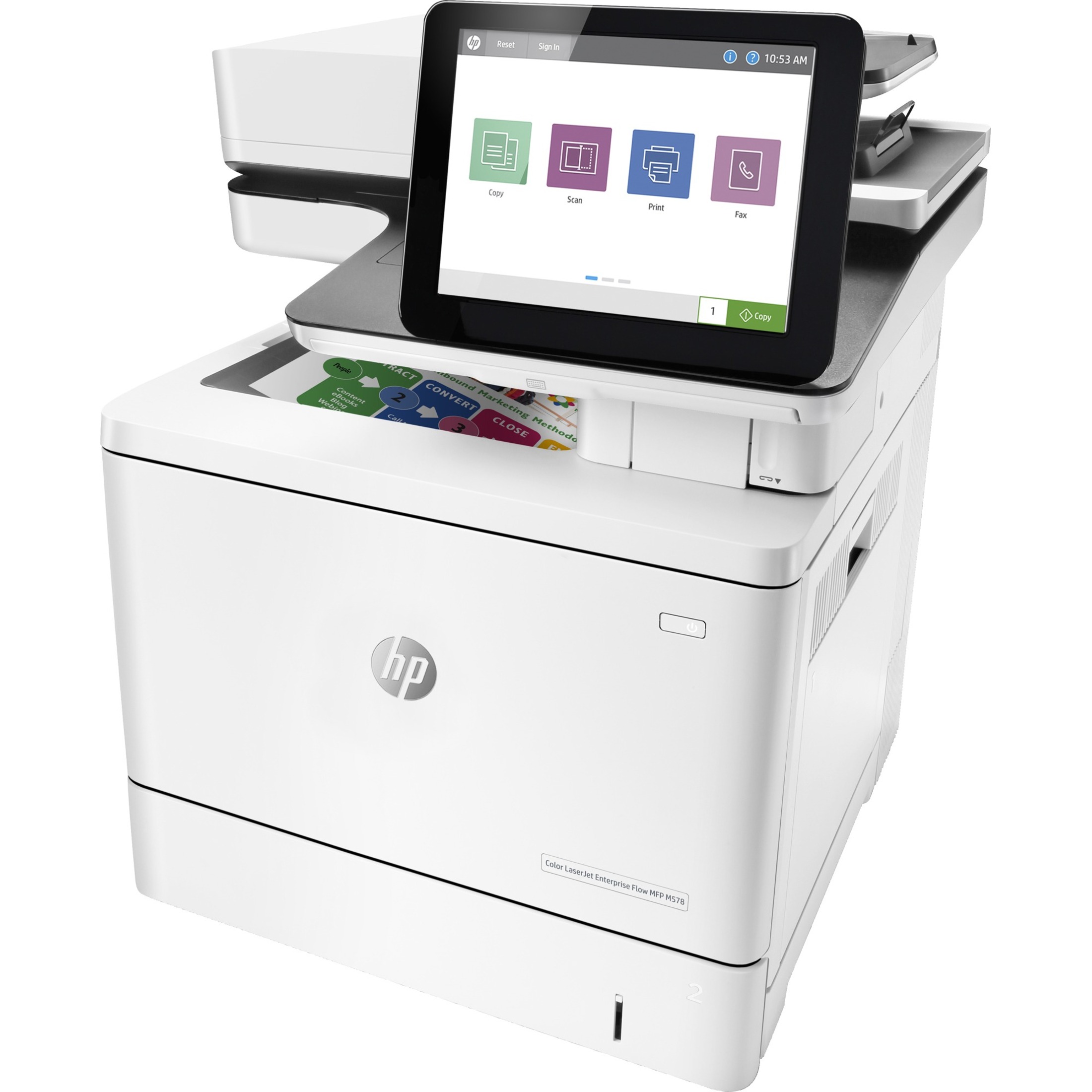 HP LaserJet Enterprise M578c Laser Multifunction Printer - Color - Copier/Fax/Printer/Scanner - 40 ppm Mono/40 ppm Color Print - 1200 x 1200 dpi Print - Automatic Duplex Print - Up to 80000 Pages Monthly - 650 sheets Input - Color Scanner - 600 dpi Optical Scan - Monochrome Fax - Gigabit Ethernet - USB - For Plain Paper Print — left