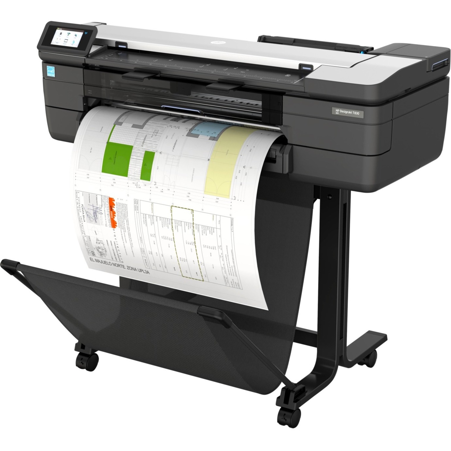 HP Designjet T830 Inkjet Large Format Printer - Includes Printer, Copier, Scanner - 24" Print Width - Color - 26 Second Color Speed - 2400 x 1200 dpi - 1 GB - Ethernet - Wireless LAN - Sheetfed Color Scan - Sheetfed Color Copy - Roll Paper, Bond Paper, Coated Paper, Recycled Paper, Heavyweight Coated Paper, Plain Paper, Bright White Inkjet Paper, Technical Paper, Vellum, Clear Film, Matte Film, ... - Floor Standing Supported — left