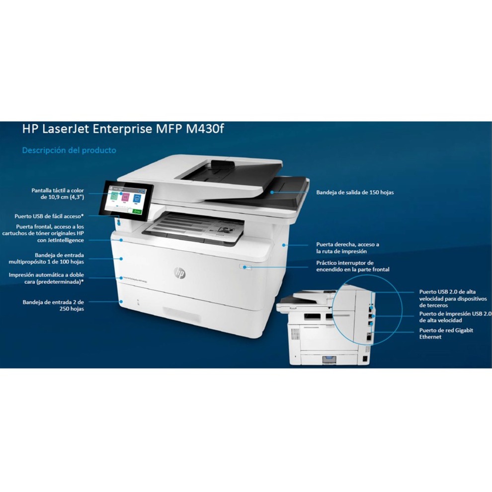 HP LaserJet M430f Laser Multifunction Printer-Monochrome-Copier/Fax/Scanner-42 ppm Mono Print-1200x1200 Print-Automatic Duplex Print-100000 Pages Monthly-350 sheets Input-Color Scanner-600 Optical Scan-Monochrome Fax-Gigabit Ethernet - Copier/Fax/Printer/Scanner - 42 ppm Mono Print - 1200 x 1200 dpi Print - Automatic Duplex Print - Up to 100000 Pages Monthly - 350 sheets Input - Color Flatbed Scanner - 600 dpi Optical Scan - Monochrome Fax - Gigabit Ethernet - USB - For Plain Paper Print — alternate image1