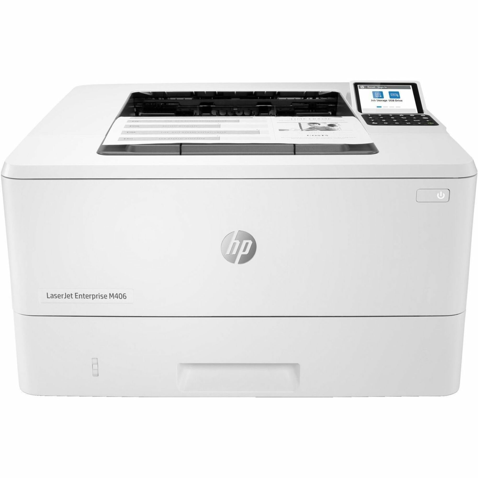 HP LaserJet Enterprise M406 M406dn Desktop Laser Printer - Monochrome - 40 ppm Mono - 1200 x 1200 dpi Print - Automatic Duplex Print - 350 Sheets Input - Ethernet - 100000 Pages Duty Cycle - Plain Paper Print - Gigabit Ethernet - USB — front