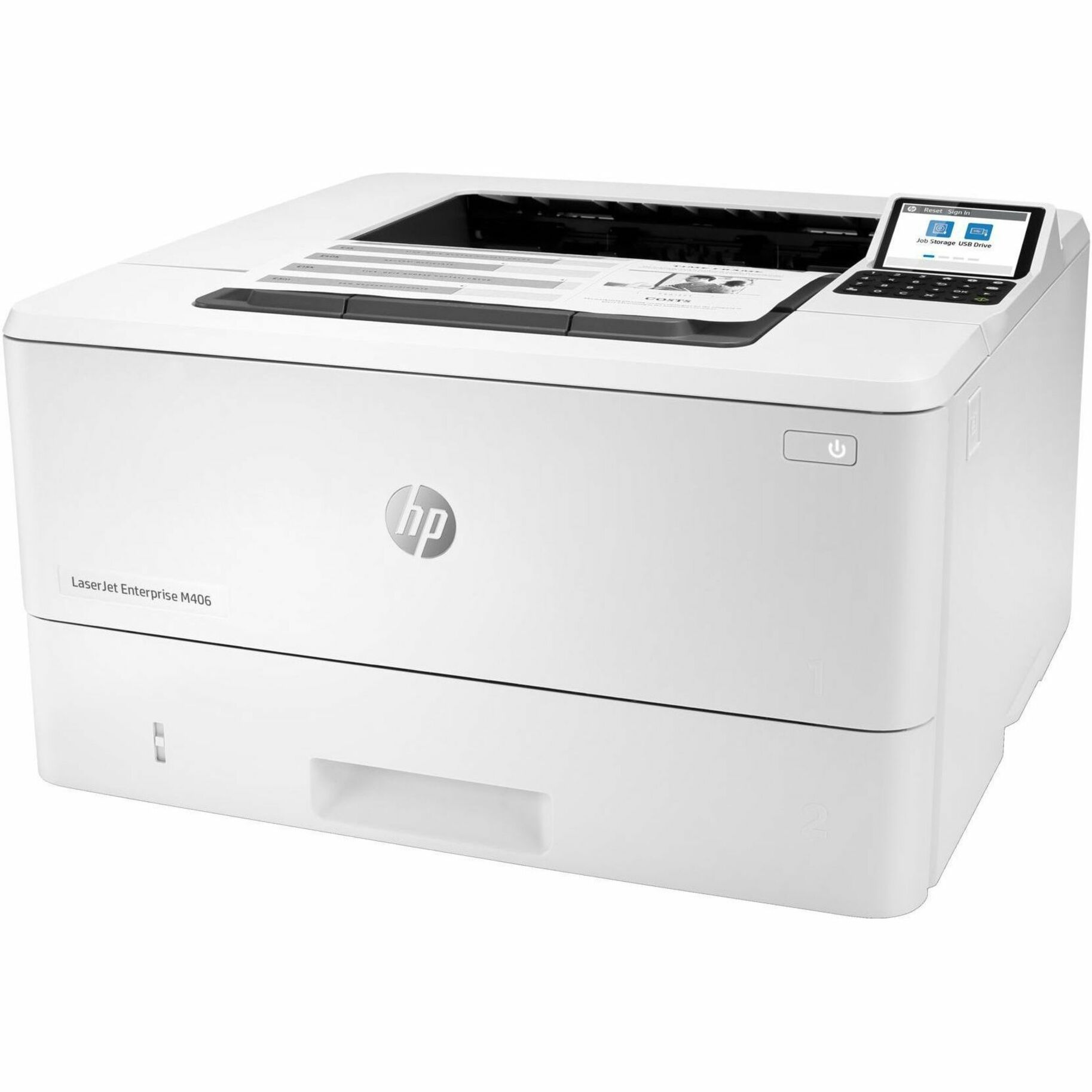 HP LaserJet Enterprise M406 M406dn Desktop Laser Printer - Monochrome - 40 ppm Mono - 1200 x 1200 dpi Print - Automatic Duplex Print - 350 Sheets Input - Ethernet - 100000 Pages Duty Cycle - Plain Paper Print - Gigabit Ethernet - USB — left