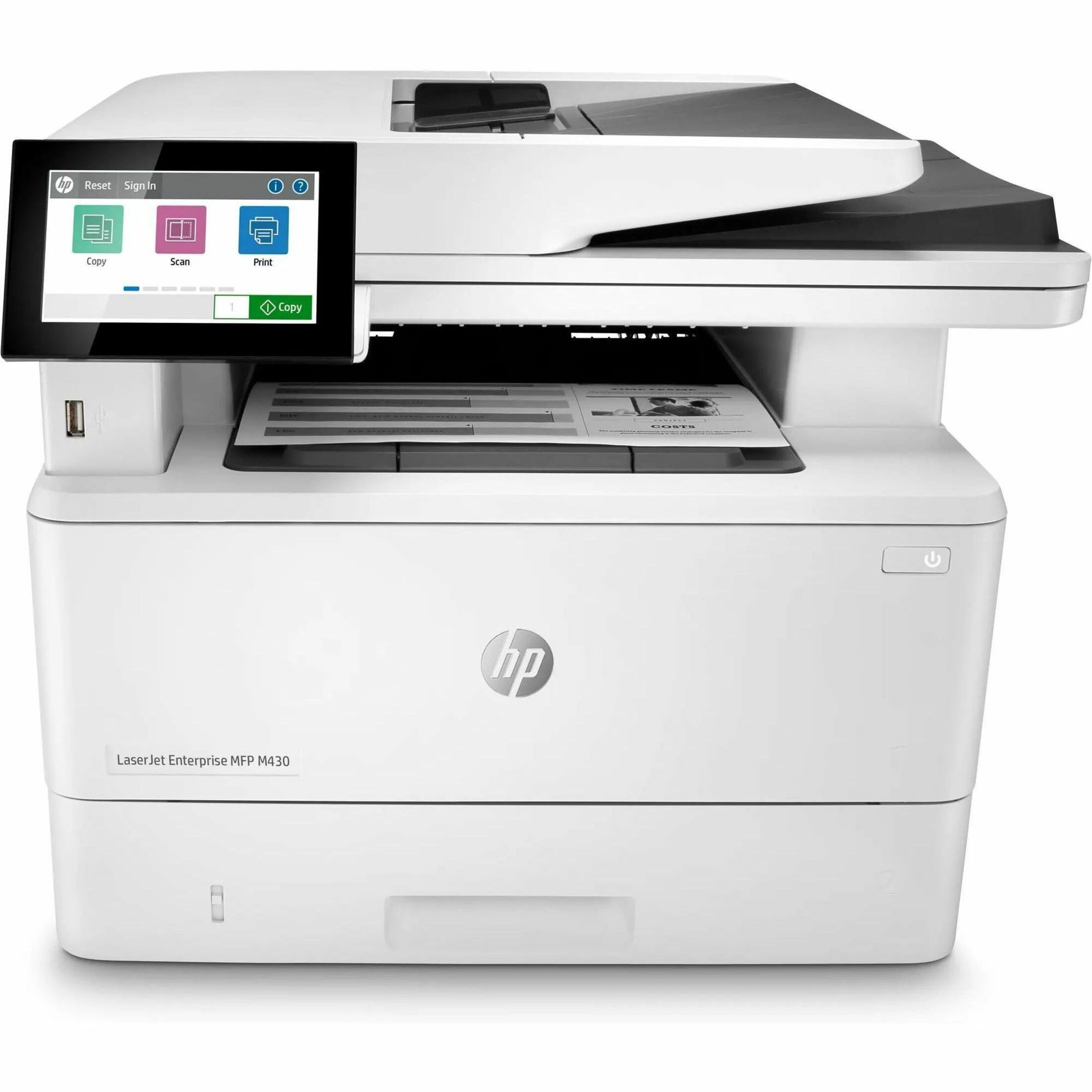 HP LaserJet Enterprise M430f Wired Laser Multifunction Printer - Monochrome - Copier/Fax/Printer/Scanner - 42 ppm Mono Print - 1200 x 1200 dpi Print - Automatic Duplex Print - Up to 100000 Pages Monthly - 350 sheets Input - Color Scanner - 600 dpi Optical Scan - Monochrome Fax - Gigabit Ethernet - USB - For Plain Paper Print — front