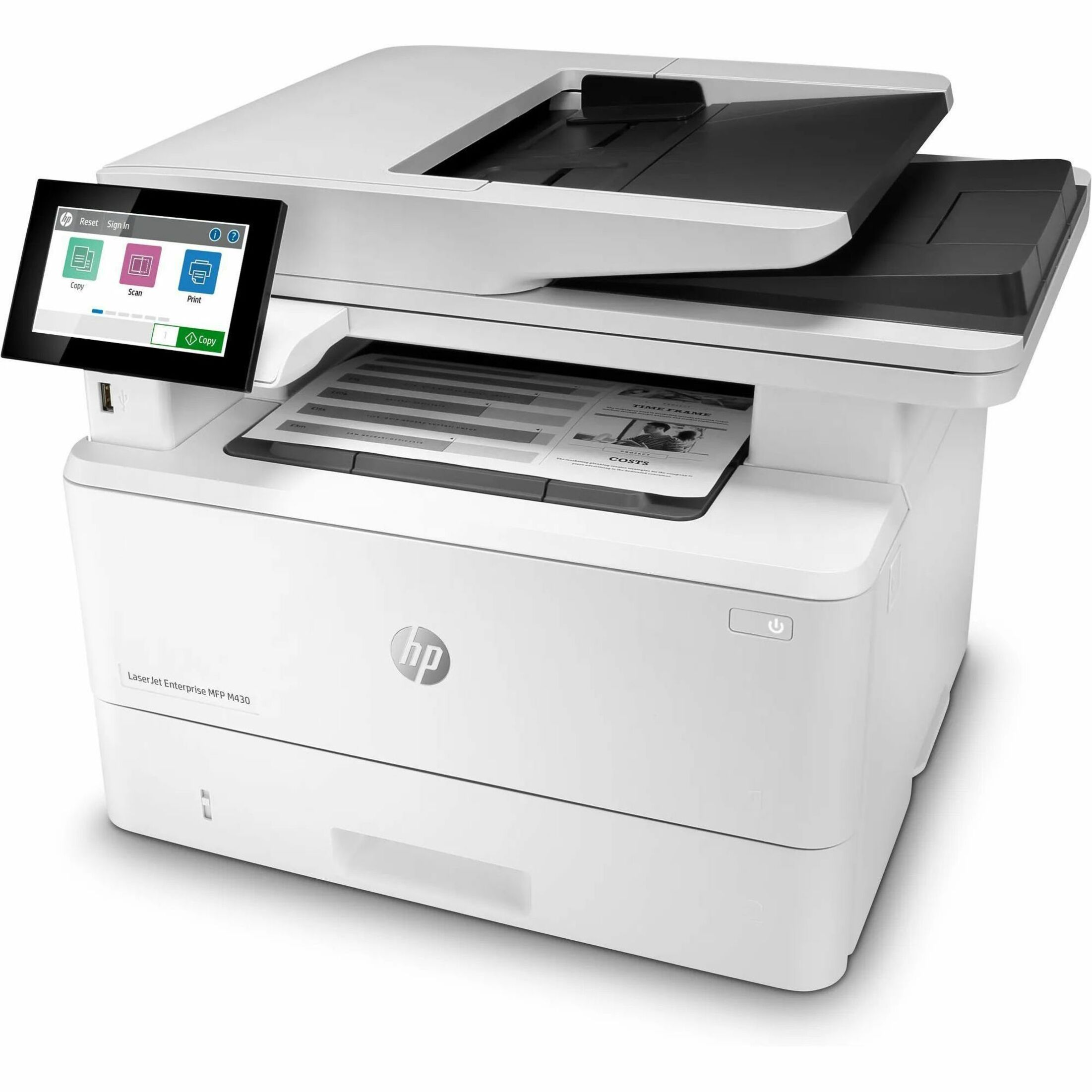 HP LaserJet Enterprise M430f Wired Laser Multifunction Printer - Monochrome - Copier/Fax/Printer/Scanner - 42 ppm Mono Print - 1200 x 1200 dpi Print - Automatic Duplex Print - Up to 100000 Pages Monthly - 350 sheets Input - Color Scanner - 600 dpi Optical Scan - Monochrome Fax - Gigabit Ethernet - USB - For Plain Paper Print — left