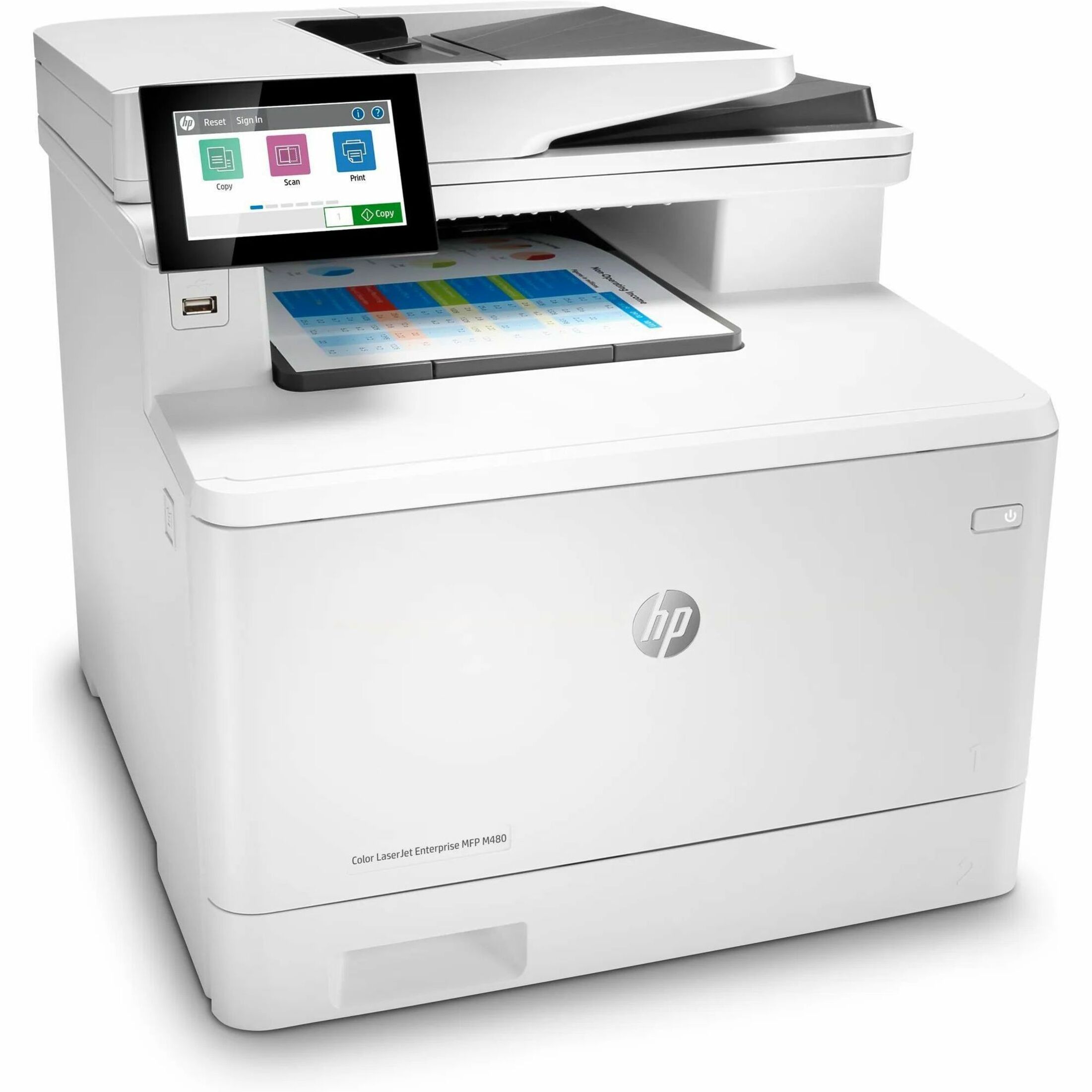 HP LaserJet Enterprise M480f Wired Laser Multifunction Printer - Color - Copier/Fax/Printer/Scanner - 27 ppm Mono/27 ppm Color Print - 600 x 600 dpi Print - Automatic Duplex Print - Up to 55000 Pages Monthly - 300 sheets Input - Color Scanner - 600 dpi Optical Scan - Color Fax - Gigabit Ethernet - USB - For Plain Paper Print — right