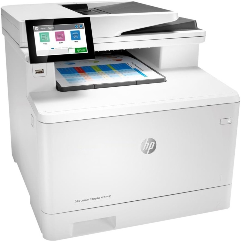 HP LaserJet M480f Laser Multifunction Printer-Color-Copier/Fax/Scanner-27 ppm Mono/27 ppm Color Print-600x600 Print-Automatic Duplex Print-55000 Pages Monthly-300 sheets Input-Color Scanner-600 Optical Scan-Color Fax-Gigabit Ethernet - Copier/Fax/Printer/Scanner - 27 ppm Mono/27 ppm Color Print - 600 x 600 dpi Print - Automatic Duplex Print - Up to 55000 Pages Monthly - 300 sheets Input - Color Flatbed Scanner - 600 dpi Optical Scan - Color Fax - Gigabit Ethernet - USB - For Plain Paper Pri — right