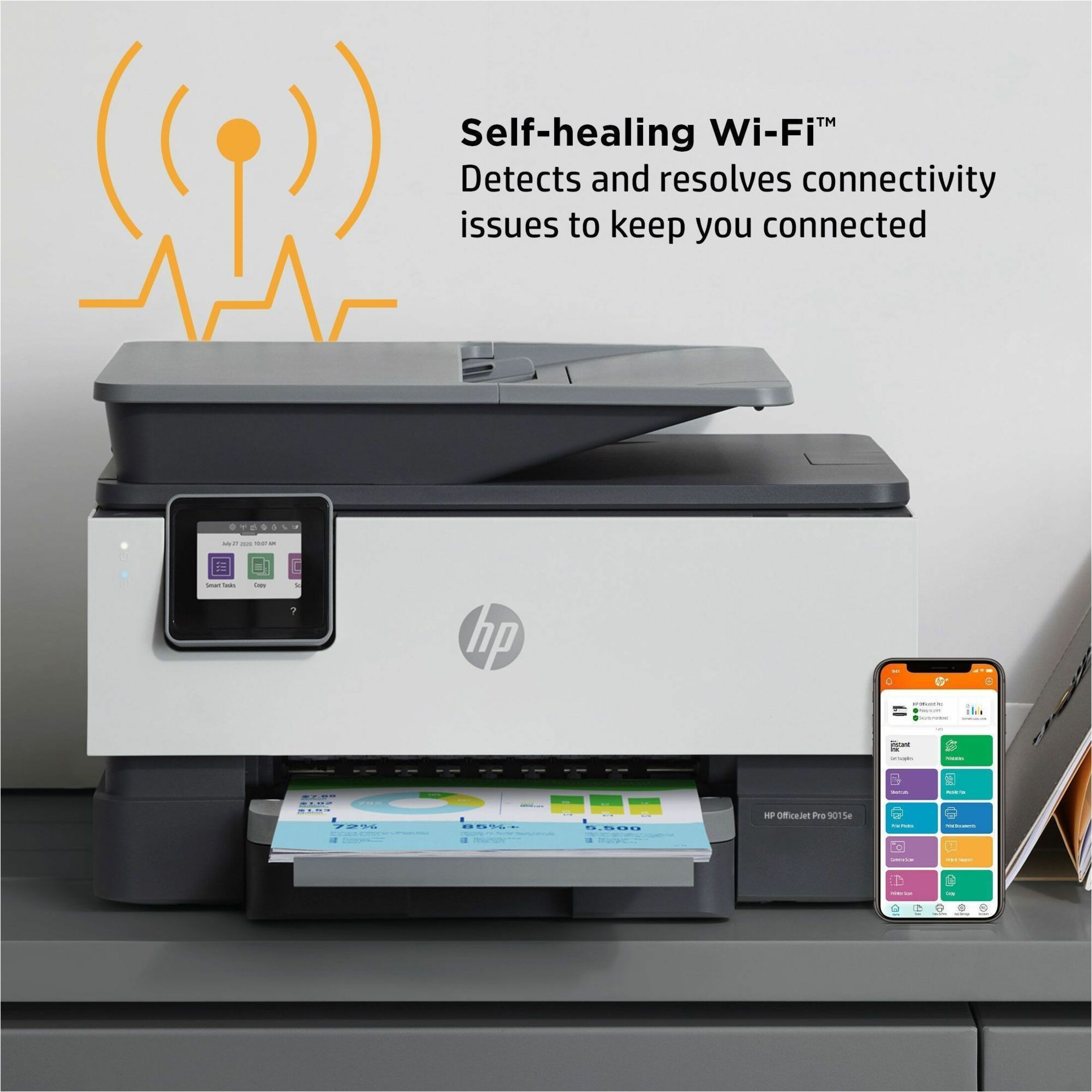 HP Officejet Pro 9015e Inkjet Multifunction Printer-Color-Copier/Fax/Scanner-32 ppm Mono/32 ppm Color Print-4800x1200 dpi Print-Automatic Duplex Print-25000 Pages-250 sheets Input-Color Flatbed Scanner-1200 dpi Optical Scan-Color Fax-Wireless LAN - Copier/Fax/Printer/Scanner - 32 ppm Mono/32 ppm Color Print - 4800 x 1200 dpi Print - Automatic Duplex Print - Up to 25000 Pages Monthly - 250 sheets Input - Color Flatbed Scanner - 1200 dpi Optical Scan - Color Fax - Ethernet - Wireless LAN - HP — alternate image3