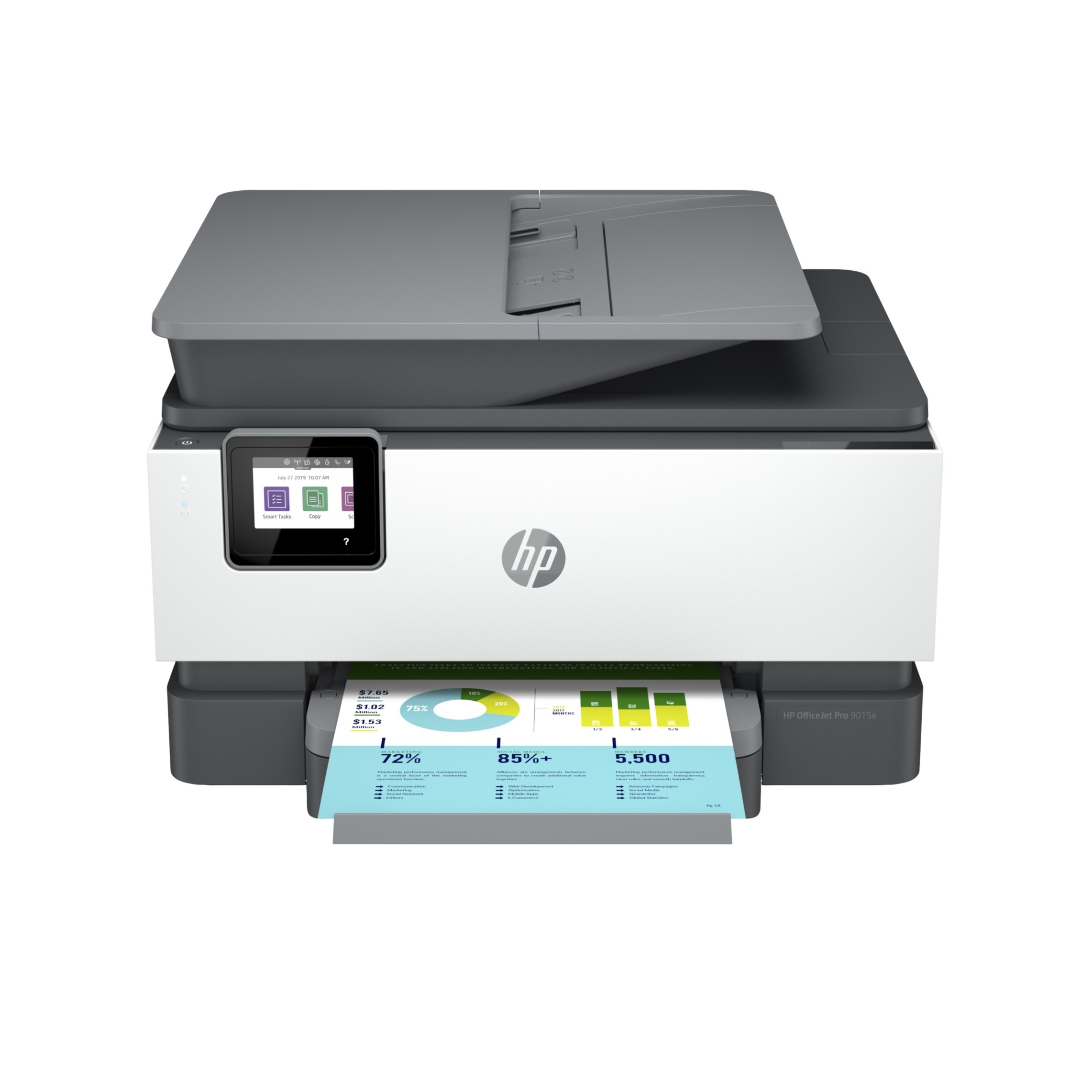 HP Officejet Pro 9015e Inkjet Multifunction Printer-Color-Copier/Fax/Scanner-32 ppm Mono/32 ppm Color Print-4800x1200 dpi Print-Automatic Duplex Print-25000 Pages-250 sheets Input-Color Flatbed Scanner-1200 dpi Optical Scan-Color Fax-Wireless LAN - Copier/Fax/Printer/Scanner - 32 ppm Mono/32 ppm Color Print - 4800 x 1200 dpi Print - Automatic Duplex Print - Up to 25000 Pages Monthly - 250 sheets Input - Color Flatbed Scanner - 1200 dpi Optical Scan - Color Fax - Ethernet - Wireless LAN - HP