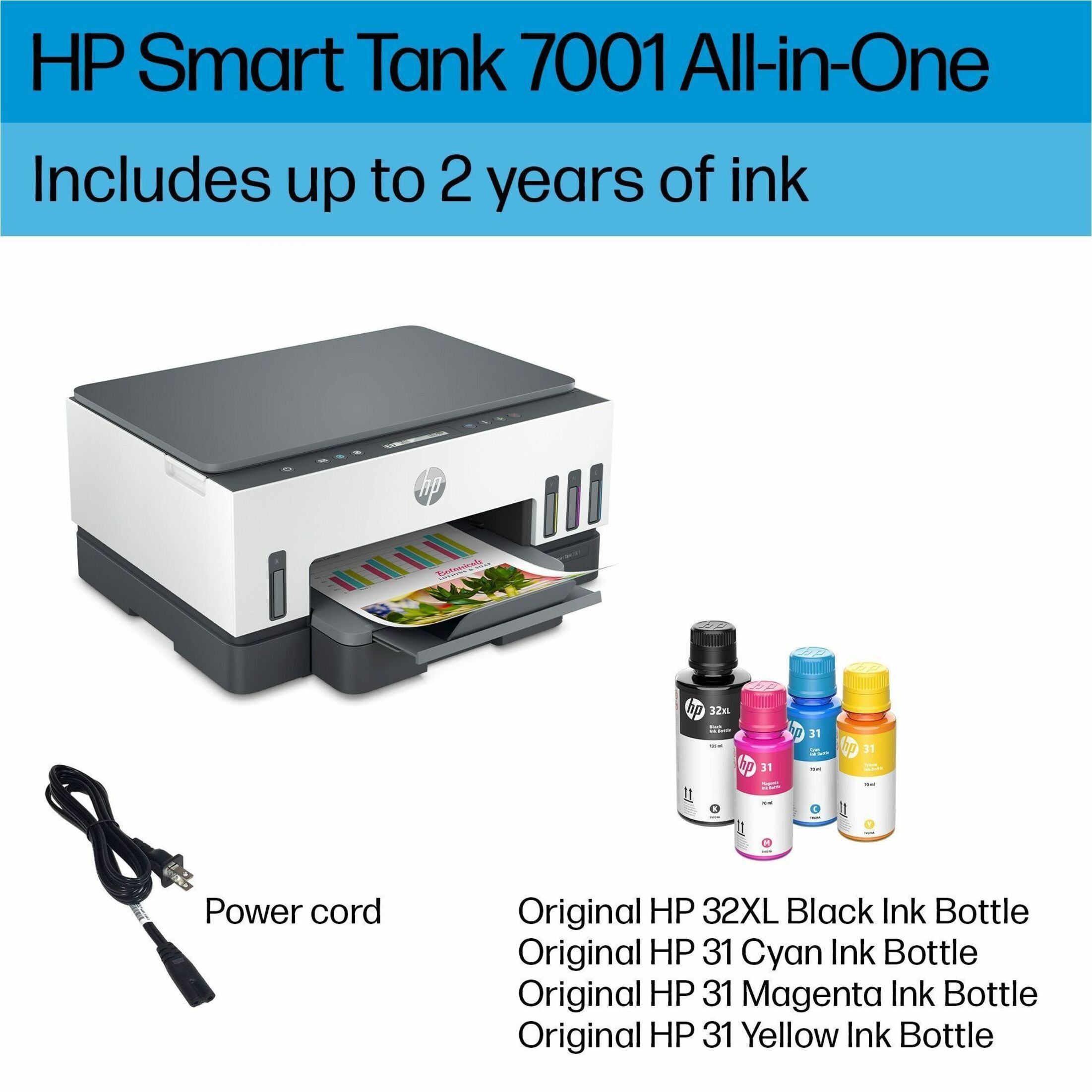HP Smart Tank 7001 28B49A#B1H Wireless Color Inkjet All-In-One Printer - Copier/Printer/Scanner - 4800 x 1200 dpi Print - Automatic Duplex Print - Up to 5000 Pages Monthly - 250 sheets Input - Color Flatbed Scanner - 1200 dpi Optical Scan - Wireless LAN - Apple AirPrint, Mopria, HP Print Service Plugin, HP Smart App, Wi-Fi Direct - USB - For Plain Paper Print - 1 Each — alternate image1