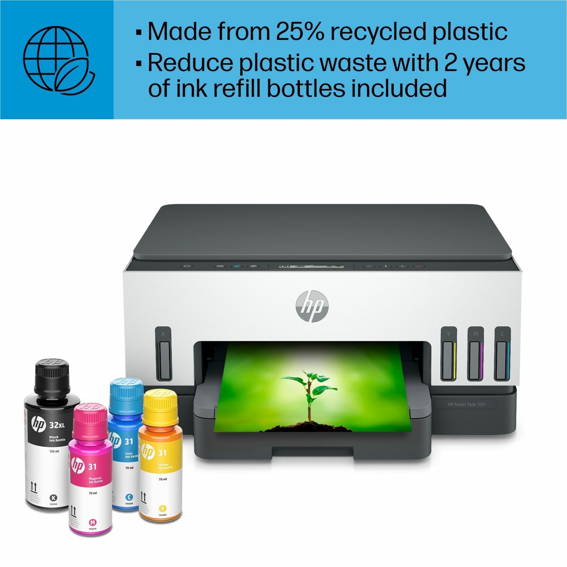 HP Smart Tank 7001 28B49A#B1H Wireless Color Inkjet All-In-One Printer - Copier/Printer/Scanner - 4800 x 1200 dpi Print - Automatic Duplex Print - Up to 5000 Pages Monthly - 250 sheets Input - Color Flatbed Scanner - 1200 dpi Optical Scan - Wireless LAN - Apple AirPrint, Mopria, HP Print Service Plugin, HP Smart App, Wi-Fi Direct - USB - For Plain Paper Print - 1 Each — alternate image3