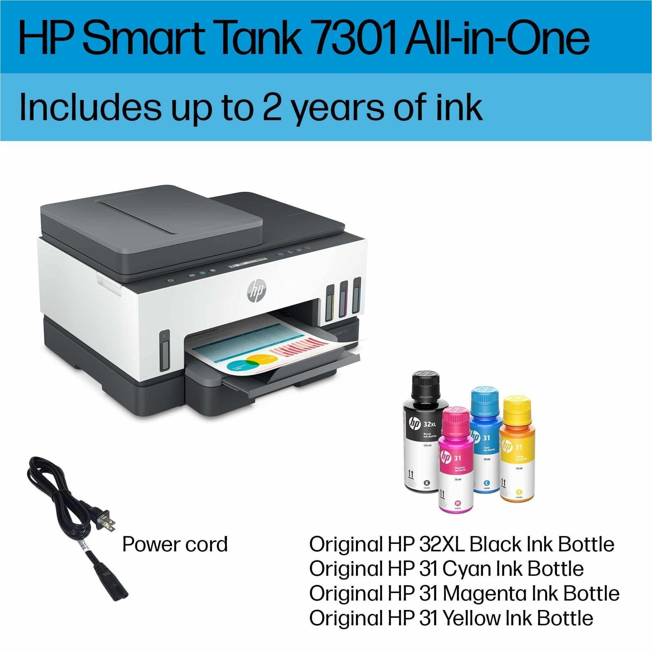 HP Smart Tank 7301 All-in-One Printer-Multifunction printer-color-ink-jet-refillable-Copier/Scanner-4800x1200 dpi Print-Automatic Duplex Print-5000 Pages-250 sheets Input-Color Flatbed Scanner-1200 dpi Optical Scan-Wireless LAN - Copier/Printer/Scanner - 4800 x 1200 dpi Print - Automatic Duplex Print - Up to 5000 Pages Monthly - 250 sheets Input - Color Flatbed Scanner - 1200 dpi Optical Scan - Ethernet - Wireless LAN - Apple AirPrint, Mopria, HP Smart App, Wi-Fi Direct, HP Print Service Pl — alternate image1