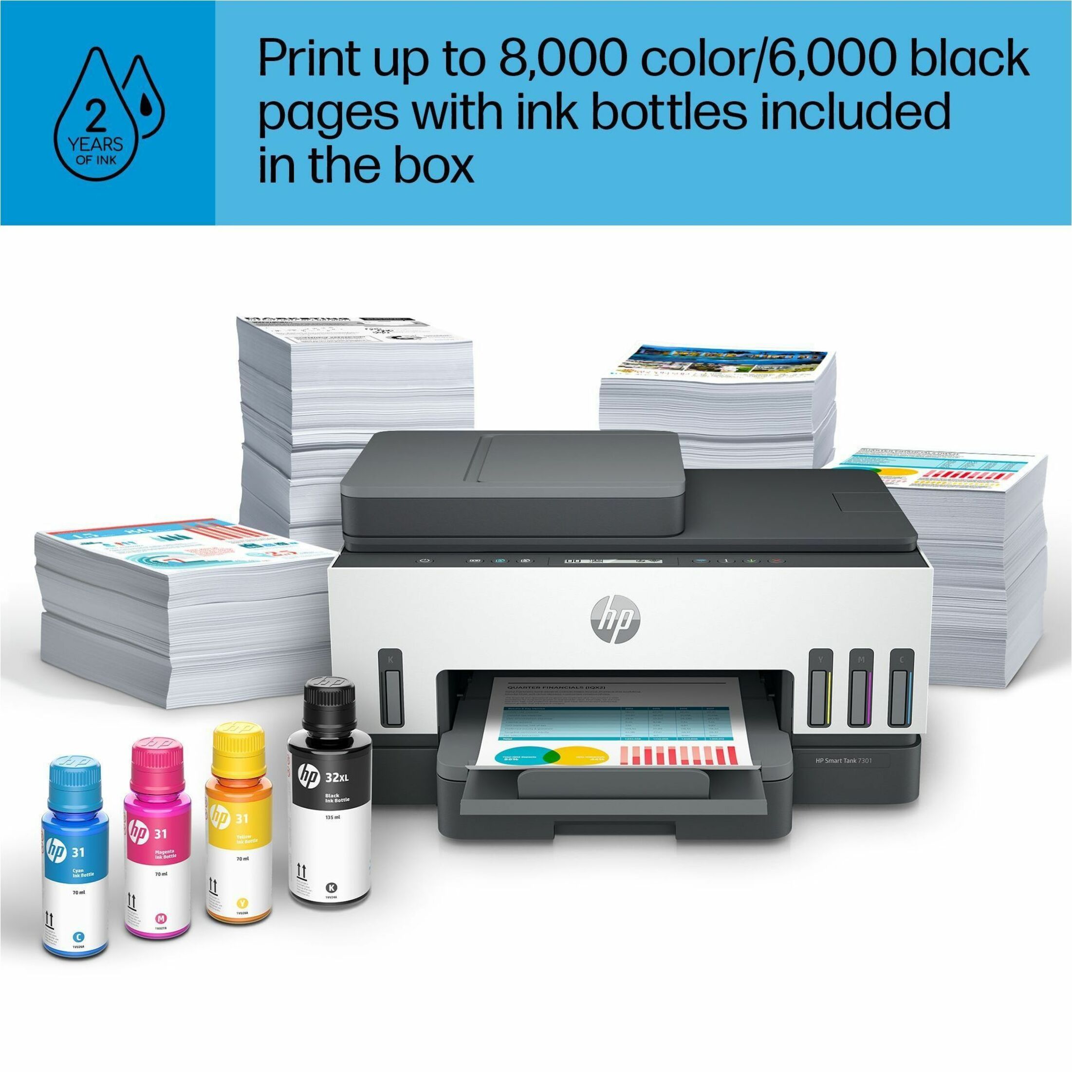 HP Smart Tank 7301 All-in-One Printer-Multifunction printer-color-ink-jet-refillable-Copier/Scanner-4800x1200 dpi Print-Automatic Duplex Print-5000 Pages-250 sheets Input-Color Flatbed Scanner-1200 dpi Optical Scan-Wireless LAN - Copier/Printer/Scanner - 4800 x 1200 dpi Print - Automatic Duplex Print - Up to 5000 Pages Monthly - 250 sheets Input - Color Flatbed Scanner - 1200 dpi Optical Scan - Ethernet - Wireless LAN - Apple AirPrint, Mopria, HP Smart App, Wi-Fi Direct, HP Print Service Pl — alternate image4