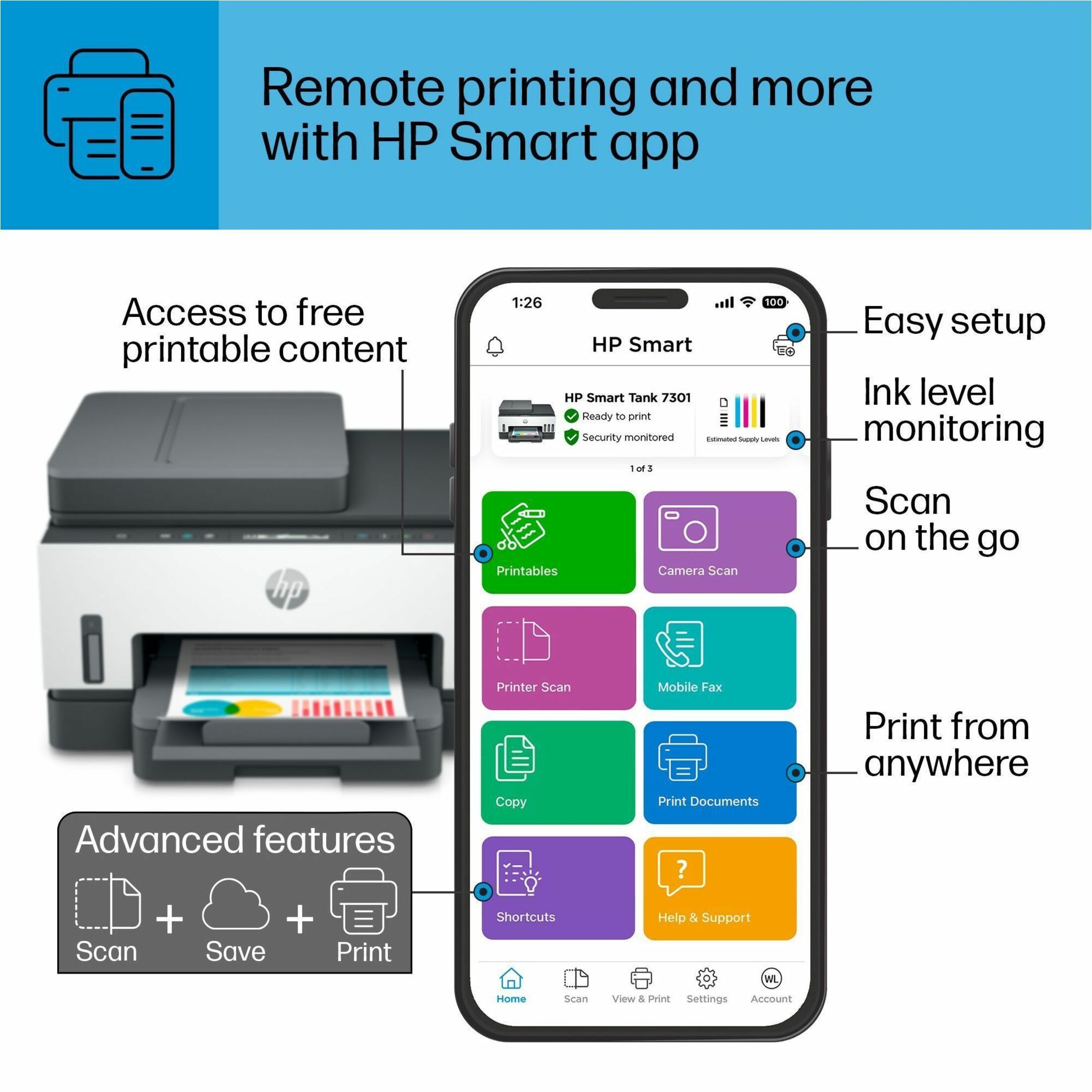 HP Smart Tank 7301 All-in-One Printer-Multifunction printer-color-ink-jet-refillable-Copier/Scanner-4800x1200 dpi Print-Automatic Duplex Print-5000 Pages-250 sheets Input-Color Flatbed Scanner-1200 dpi Optical Scan-Wireless LAN - Copier/Printer/Scanner - 4800 x 1200 dpi Print - Automatic Duplex Print - Up to 5000 Pages Monthly - 250 sheets Input - Color Flatbed Scanner - 1200 dpi Optical Scan - Ethernet - Wireless LAN - Apple AirPrint, Mopria, HP Smart App, Wi-Fi Direct, HP Print Service Pl — alternate image5