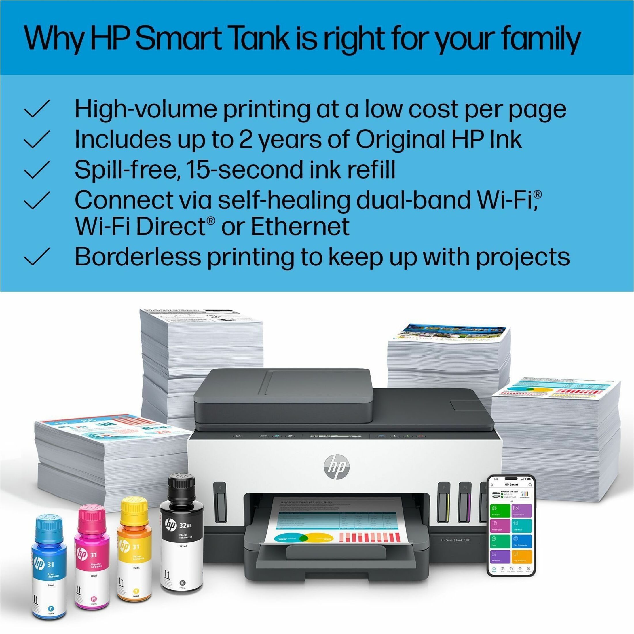 HP Smart Tank 7301 All-in-One Printer-Multifunction printer-color-ink-jet-refillable-Copier/Scanner-4800x1200 dpi Print-Automatic Duplex Print-5000 Pages-250 sheets Input-Color Flatbed Scanner-1200 dpi Optical Scan-Wireless LAN - Copier/Printer/Scanner - 4800 x 1200 dpi Print - Automatic Duplex Print - Up to 5000 Pages Monthly - 250 sheets Input - Color Flatbed Scanner - 1200 dpi Optical Scan - Ethernet - Wireless LAN - Apple AirPrint, Mopria, HP Smart App, Wi-Fi Direct, HP Print Service Pl — alternate image6