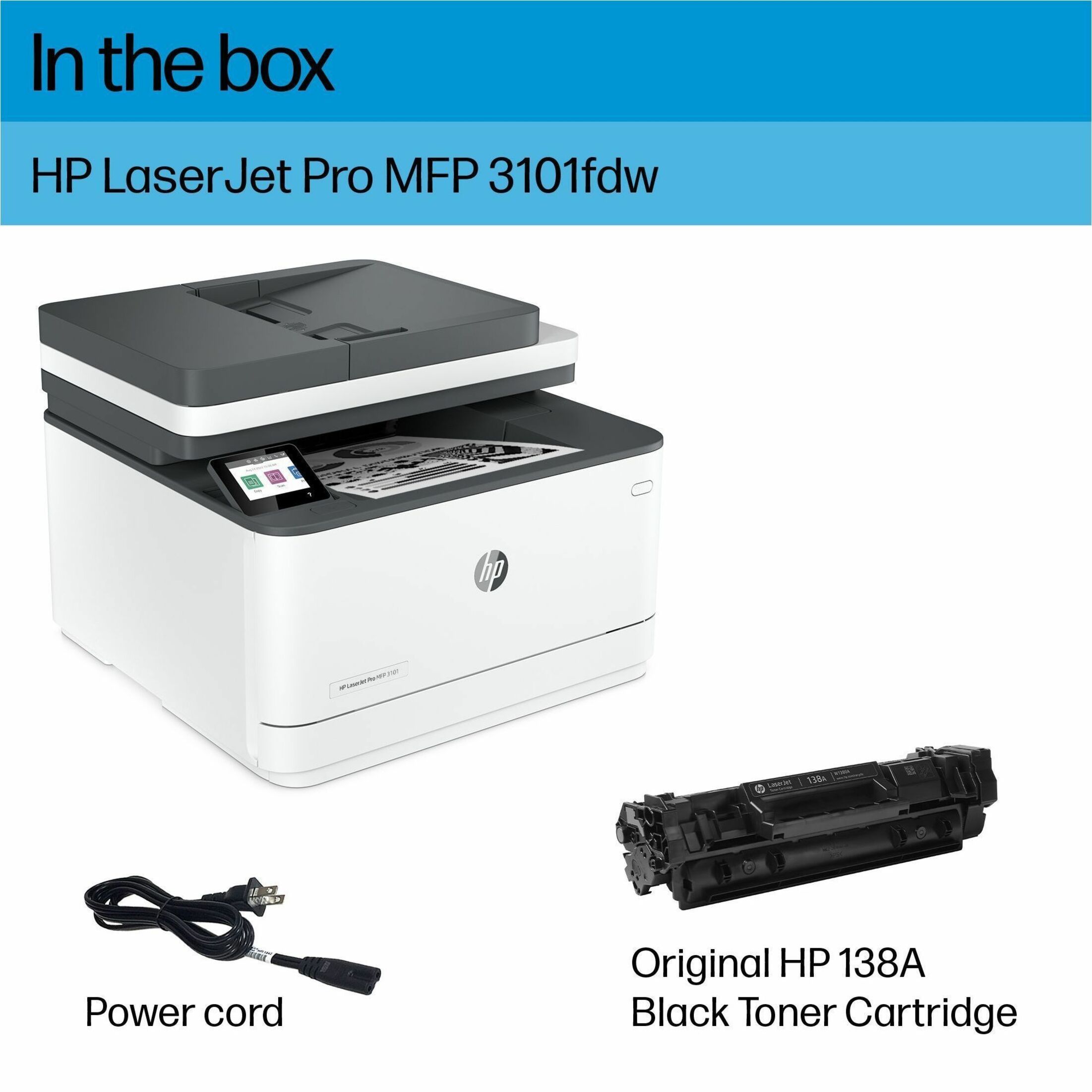HP LaserJet Pro 3101fdw Wired & Wireless Laser Multifunction Printer - Monochrome - Copier/Fax/Printer/Scanner - 35 ppm Mono Print - 1200 x 1200 dpi Print - Automatic Duplex Print - Up to 50000 Pages Monthly - Color Flatbed Scanner - 1200 dpi Optical Scan - Monochrome Fax - Fast Ethernet - Wireless LAN - Apple AirPrint, Mopria, Wi-Fi Direct, HP Roam, HP Smart App - USB - For Plain Paper Print — alternate image1