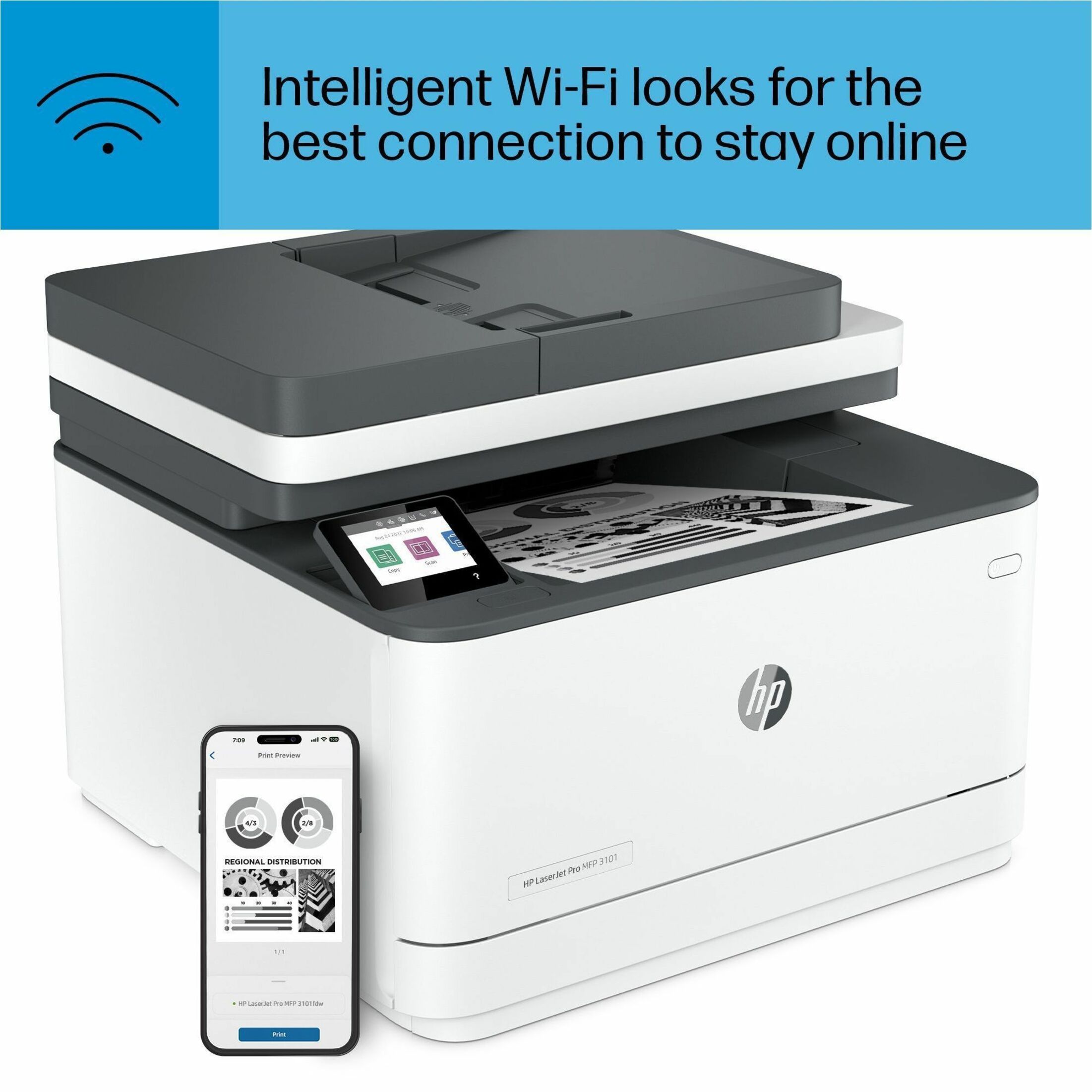 HP LaserJet Pro 3101fdw Wired & Wireless Laser Multifunction Printer - Monochrome - Copier/Fax/Printer/Scanner - 35 ppm Mono Print - 1200 x 1200 dpi Print - Automatic Duplex Print - Up to 50000 Pages Monthly - Color Flatbed Scanner - 1200 dpi Optical Scan - Monochrome Fax - Fast Ethernet - Wireless LAN - Apple AirPrint, Mopria, Wi-Fi Direct, HP Roam, HP Smart App - USB - For Plain Paper Print — alternate image2