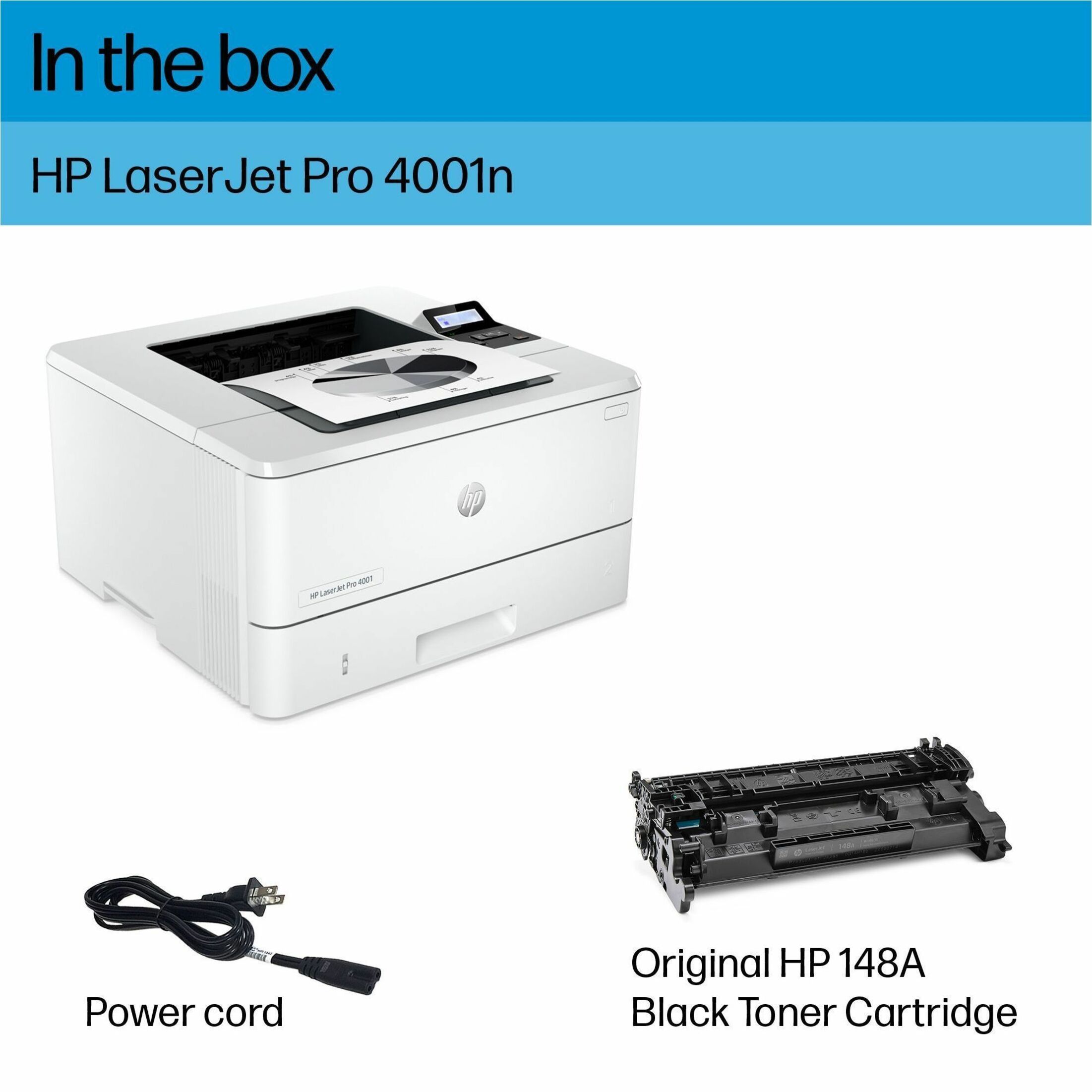 HP LaserJet Pro 4001n Printer - 63 ppm Mono - 4800 x 600 dpi Print - Manual Duplex Print - 350 Sheets Input - Ethernet - HP Smart App, Apple AirPrint, Mopria - 80000 Pages Duty Cycle - Plain Paper Print - Gigabit Ethernet - USB — alternate image2