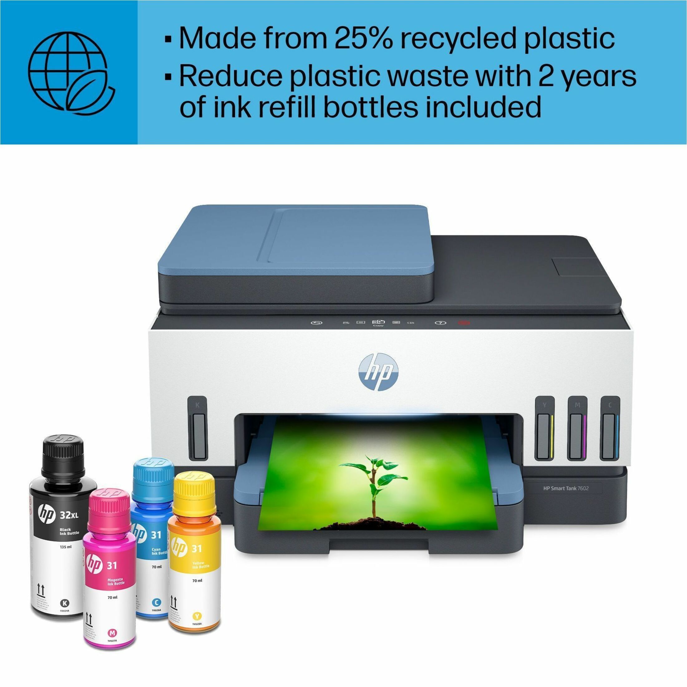 HP 7602 Wired & Wireless Smart Tank Inkjet Multifunction Printer - Color - Copier/Fax/Printer/Scanner - 4800 x 1200 dpi Print - Automatic Duplex Print - Up to 6000 Pages Monthly - Color Flatbed Scanner - 1200 dpi Optical Scan - Color Fax - Gigabit Ethernet - Wireless LAN - Apple AirPrint, Mopria, HP Print Service Plugin, Wi-Fi Direct - USB - For Plain Paper Print — alternate image3