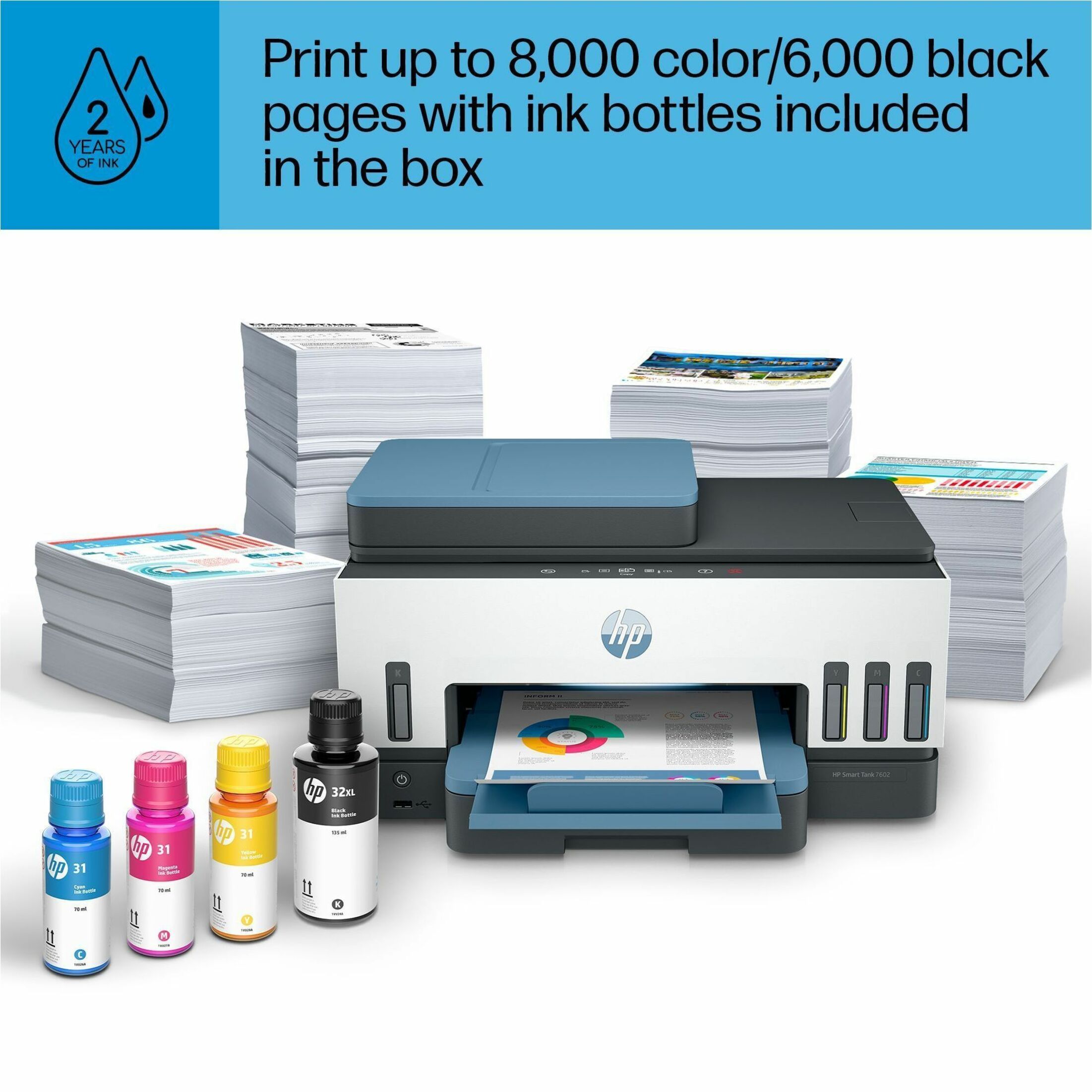 HP 7602 Wired & Wireless Smart Tank Inkjet Multifunction Printer - Color - Copier/Fax/Printer/Scanner - 4800 x 1200 dpi Print - Automatic Duplex Print - Up to 6000 Pages Monthly - Color Flatbed Scanner - 1200 dpi Optical Scan - Color Fax - Gigabit Ethernet - Wireless LAN - Apple AirPrint, Mopria, HP Print Service Plugin, Wi-Fi Direct - USB - For Plain Paper Print — alternate image4