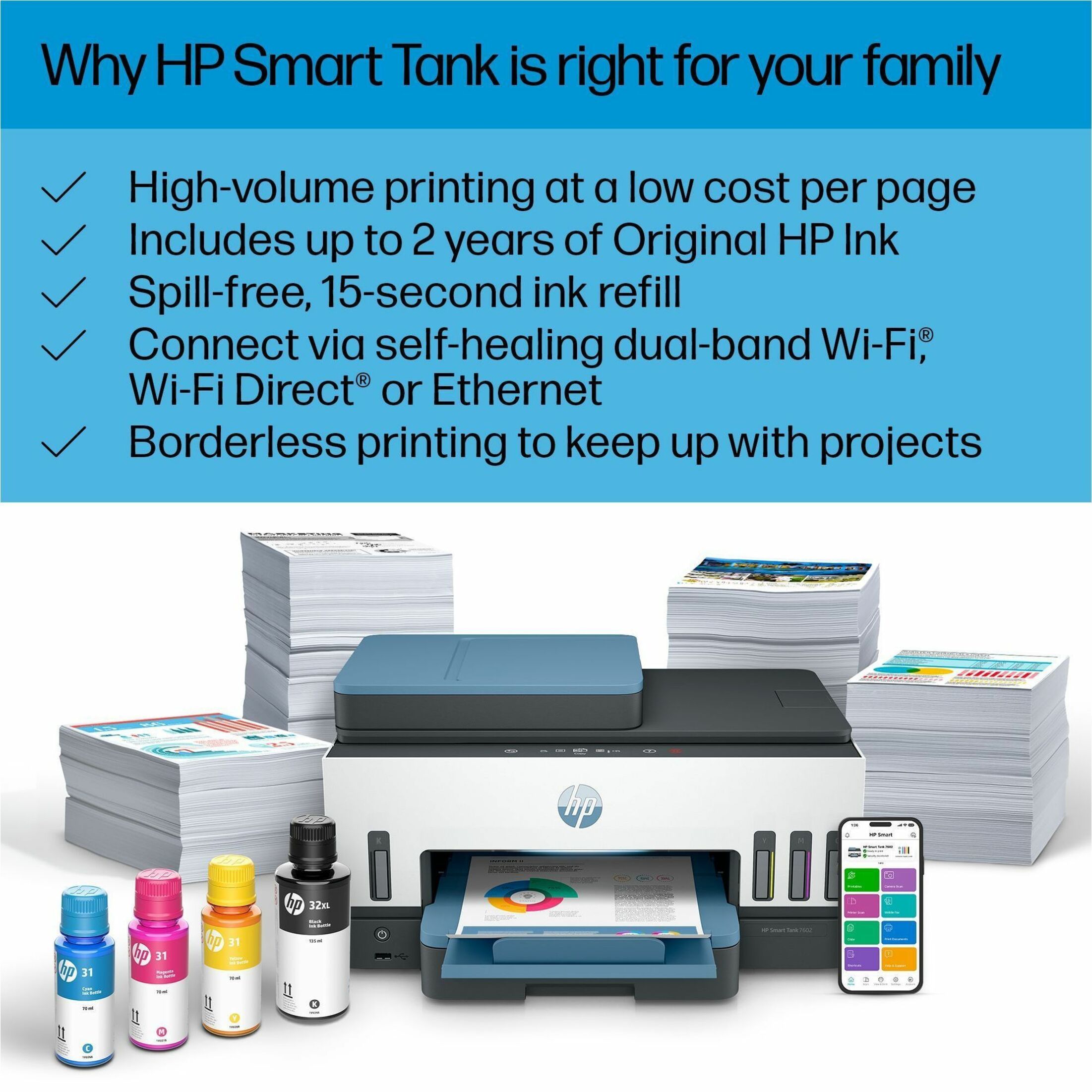 HP 7602 Wired & Wireless Smart Tank Inkjet Multifunction Printer - Color - Copier/Fax/Printer/Scanner - 4800 x 1200 dpi Print - Automatic Duplex Print - Up to 6000 Pages Monthly - Color Flatbed Scanner - 1200 dpi Optical Scan - Color Fax - Gigabit Ethernet - Wireless LAN - Apple AirPrint, Mopria, HP Print Service Plugin, Wi-Fi Direct - USB - For Plain Paper Print — alternate image6