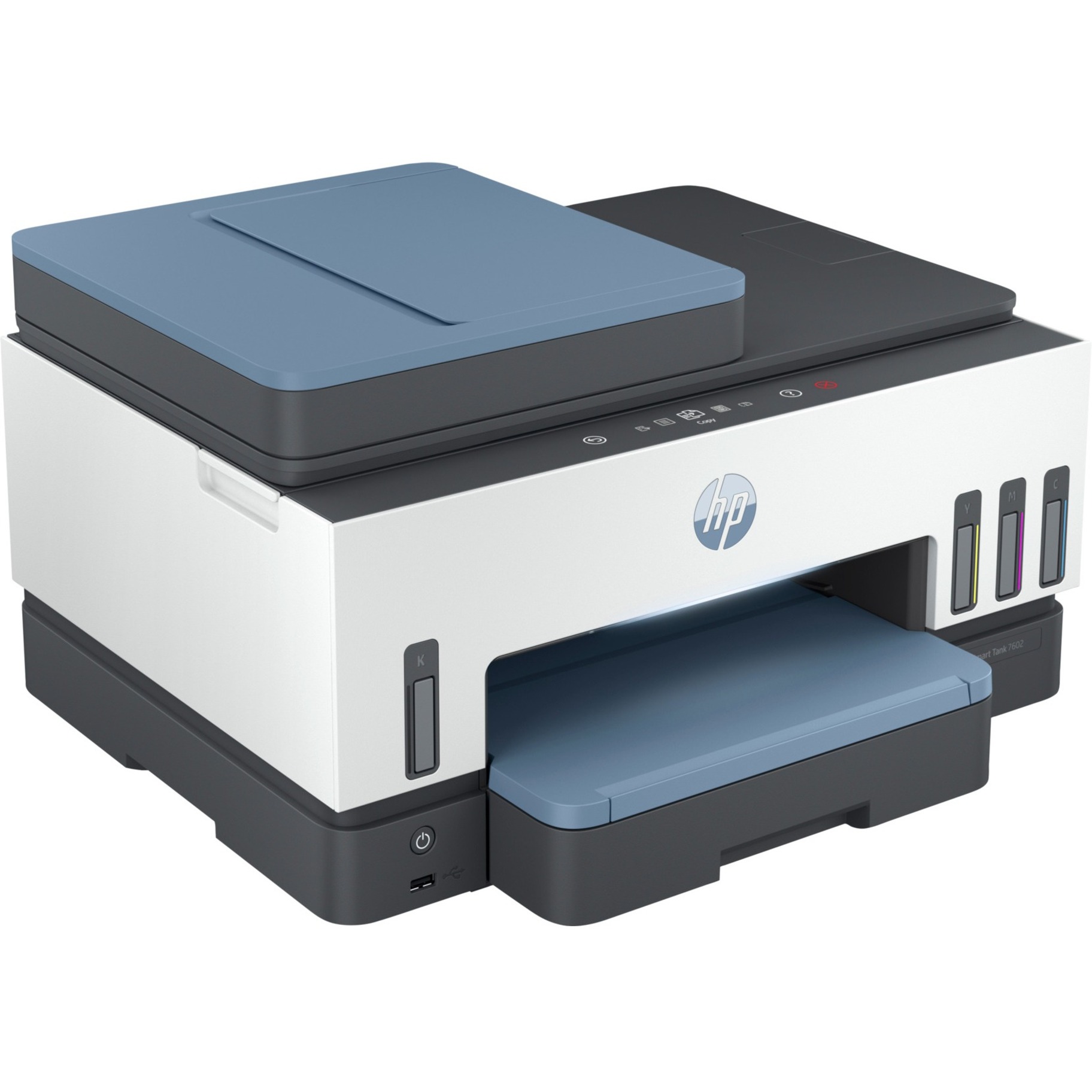 HP 7602 Wired & Wireless Smart Tank Inkjet Multifunction Printer - Color - Copier/Fax/Printer/Scanner - 4800 x 1200 dpi Print - Automatic Duplex Print - Up to 6000 Pages Monthly - Color Flatbed Scanner - 1200 dpi Optical Scan - Color Fax - Gigabit Ethernet - Wireless LAN - Apple AirPrint, Mopria, HP Print Service Plugin, Wi-Fi Direct - USB - For Plain Paper Print