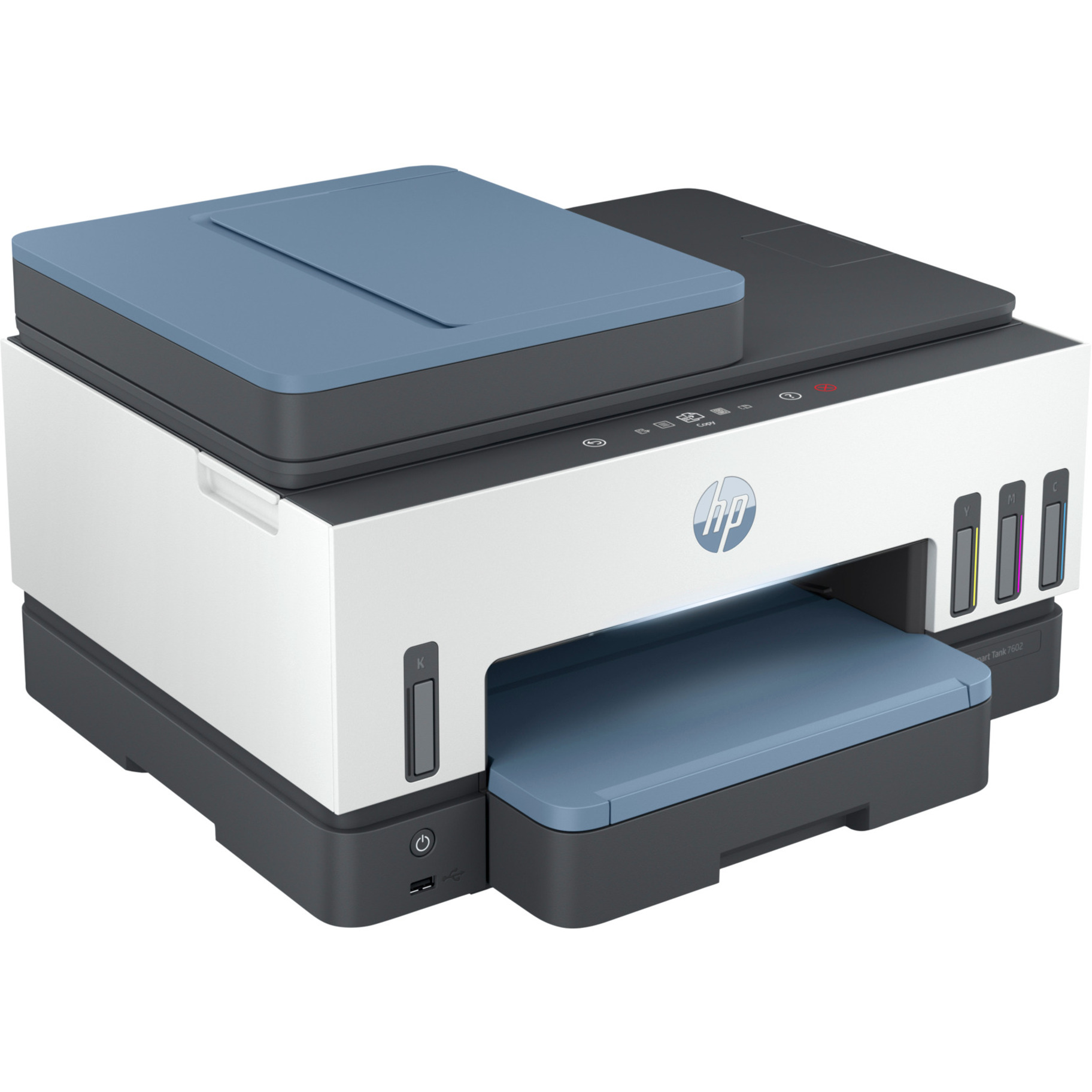 HP 7602 Wired & Wireless Smart Tank Inkjet Multifunction Printer - Color - Copier/Fax/Printer/Scanner - 4800 x 1200 dpi Print - Automatic Duplex Print - Up to 6000 Pages Monthly - Color Flatbed Scanner - 1200 dpi Optical Scan - Color Fax - Gigabit Ethernet - Wireless LAN - Apple AirPrint, Mopria, HP Print Service Plugin, Wi-Fi Direct - USB - For Plain Paper Print