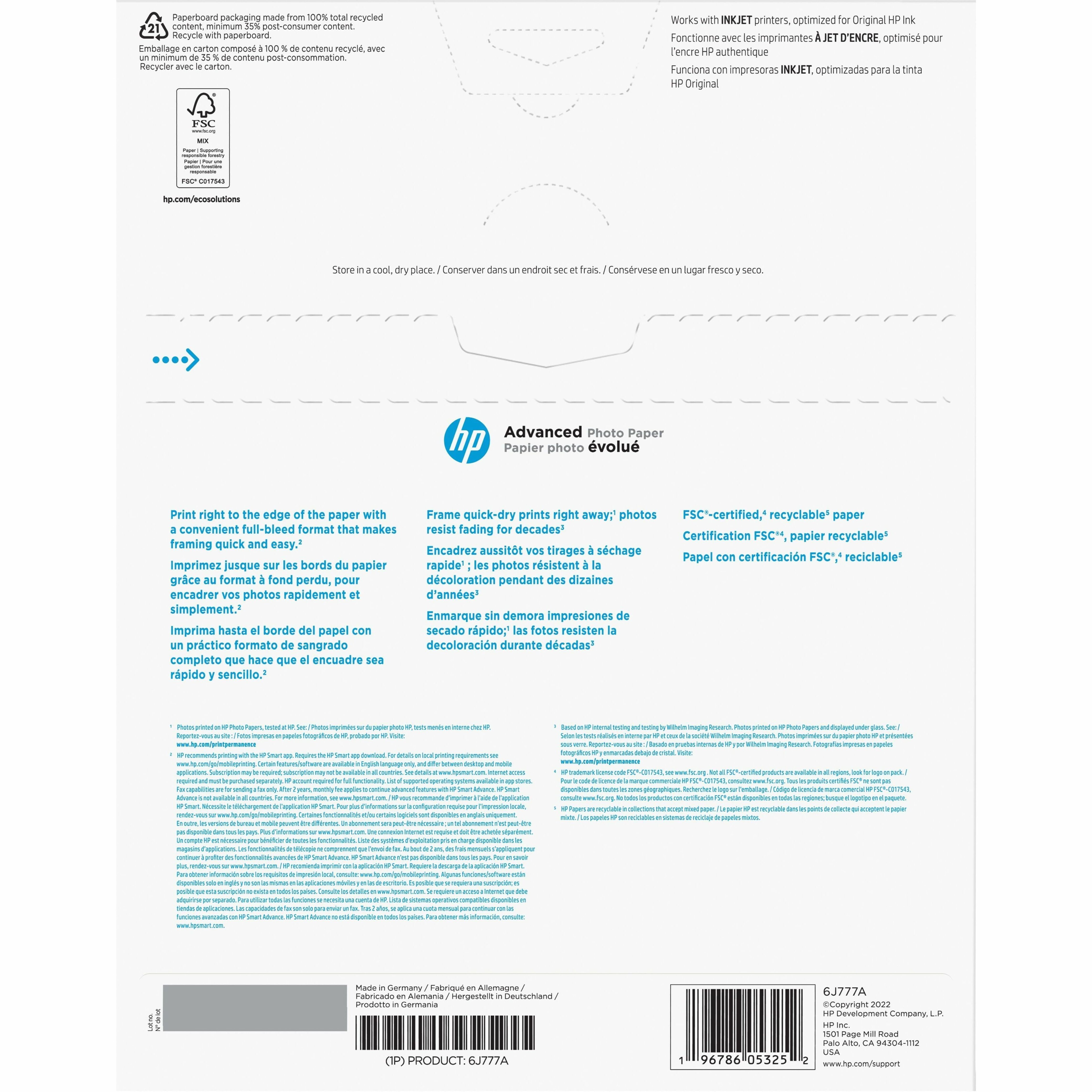 HP Advanced Photo Paper Glossy 65 lb 8 x 10 in. 203 x 254 mm 25 Sheets - 8" x 10" - 65 lb Basis Weight - Glossy - Fade Resistant, Recyclable, Anti-jam, Fade Proof, Fast-drying - White - 25 Sheets — alternate image2