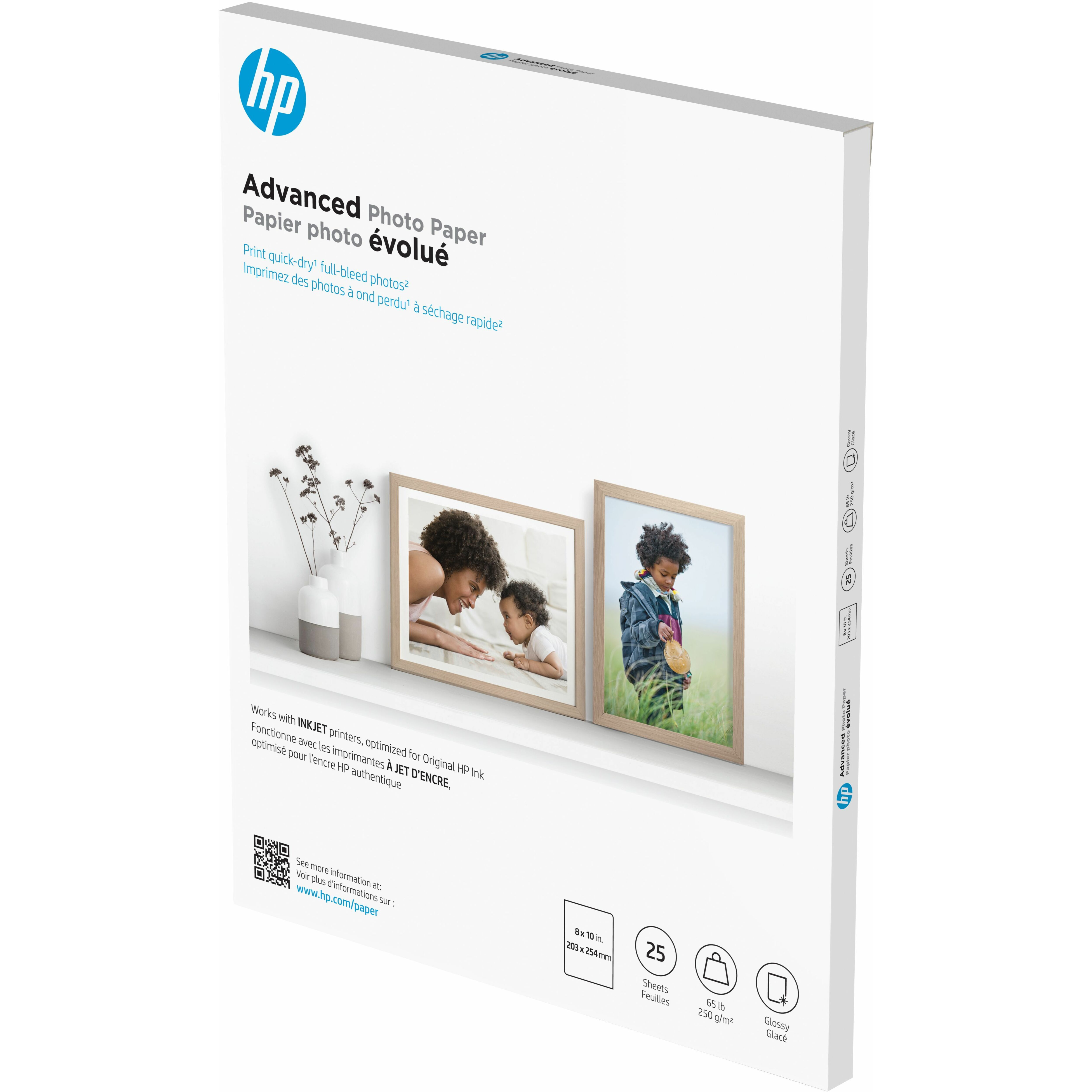 HP Advanced Photo Paper Glossy 65 lb 8 x 10 in. 203 x 254 mm 25 Sheets - 8" x 10" - 65 lb Basis Weight - Glossy - Fade Resistant, Recyclable, Anti-jam, Fade Proof, Fast-drying - White - 25 Sheets