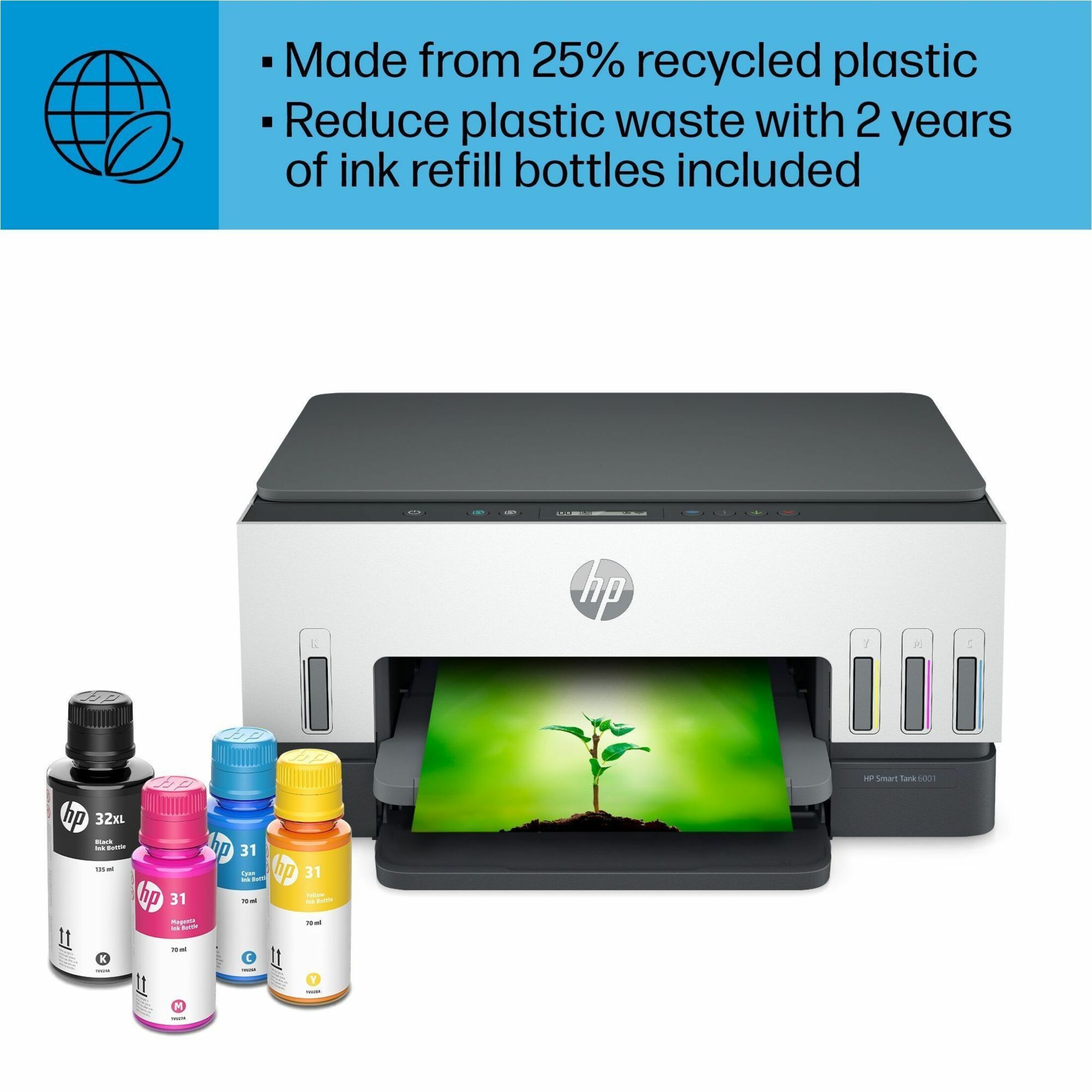 HP 6001 Wireless Smart Tank Inkjet Multifunction Printer - Color - Copier/Printer/Scanner - 4800 x 1200 dpi Print - Automatic Duplex Print - Up to 3000 Pages Monthly - Color Flatbed Scanner - 1200 dpi Optical Scan - Wireless LAN - Apple AirPrint, Mopria, HP Print Service Plugin, Wi-Fi Direct, Android Printing, HP Smart App - USB - For Plain Paper Print — alternate image3