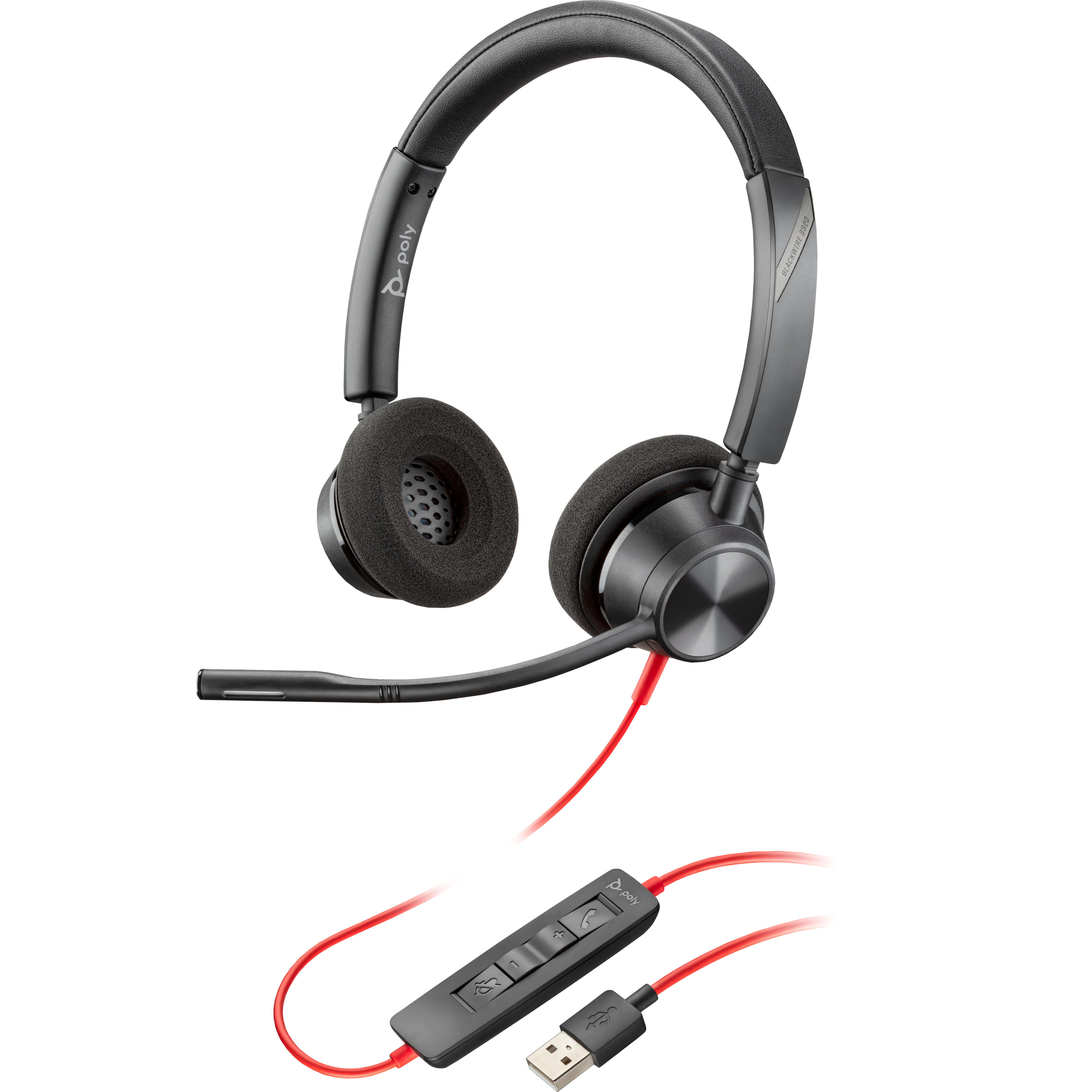 Poly Blackwire 3320 USB-A Headset - Stereo - USB Type A, Mini-phone (3.5mm) - Wired - 32 Ohm - 20 Hz to 20 kHz - On-ear, Over-the-head - Binaural - Supra-aural - 7.10 ft Cable - Noise Cancelling Microphone - Noise Canceling - Black