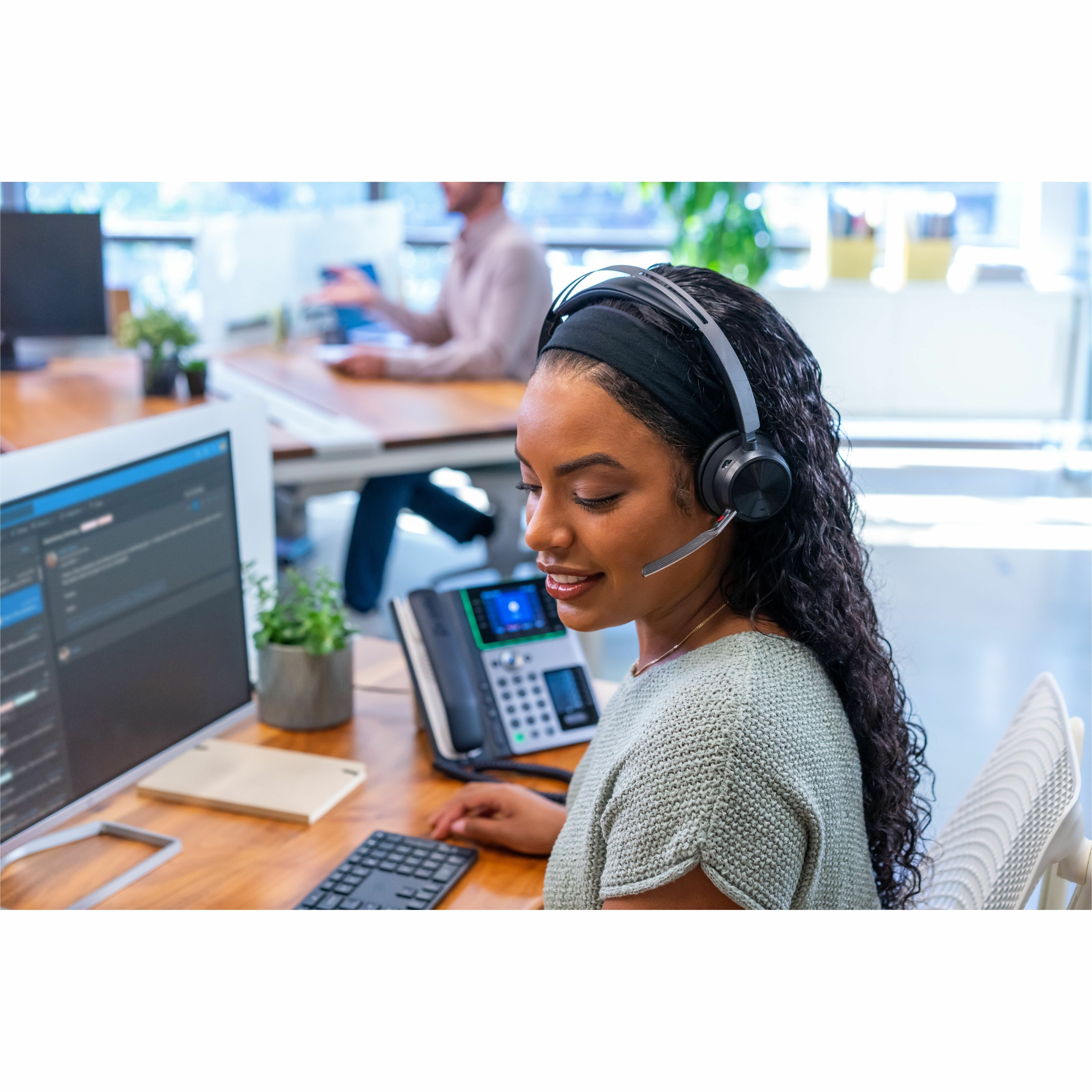 Poly Voyager Focus 2 USB-A With Charge Stand Headset - Microsoft Teams Certification - Siri, Google Assistant - Stereo - USB Type A - Wired/Wireless - Bluetooth - 298.6 ft - 20 Hz to 20 kHz - Over-the-head, On-ear - Binaural - Supra-aural - 4.92 ft Cable - MEMS Technology, Electret Condenser, Noise Cancelling Microphone - Black — alternate image12