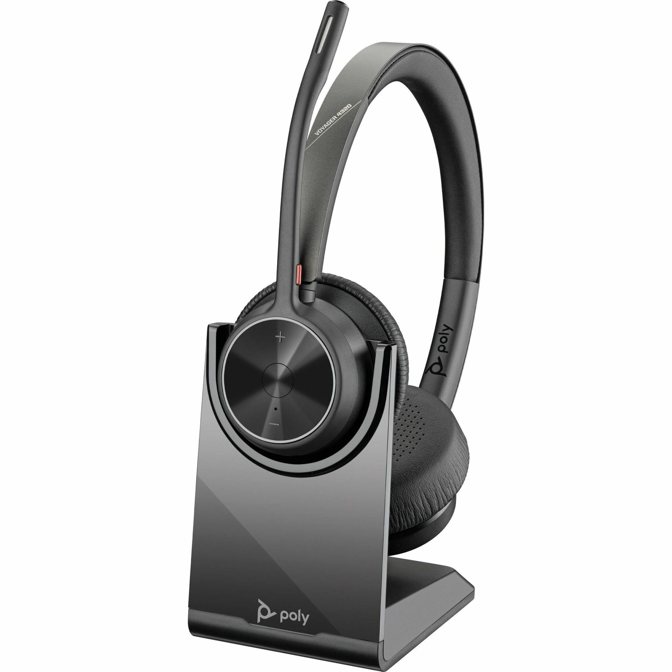 Poly Voyager 4320 UC Stereo USB-A Headset + BT700 USB-A Adapter + Charging Stand - Microsoft Teams Certification - Siri, Google Assistant - Stereo - USB Type A - Wired/Wireless - Bluetooth - 298.6 ft - 20 Hz to 20 kHz - Over-the-head, On-ear - Binaural - Supra-aural - 4.92 ft Cable - Electret Condenser, MEMS Technology, Noise Cancelling Microphone - Noise Canceling - Black