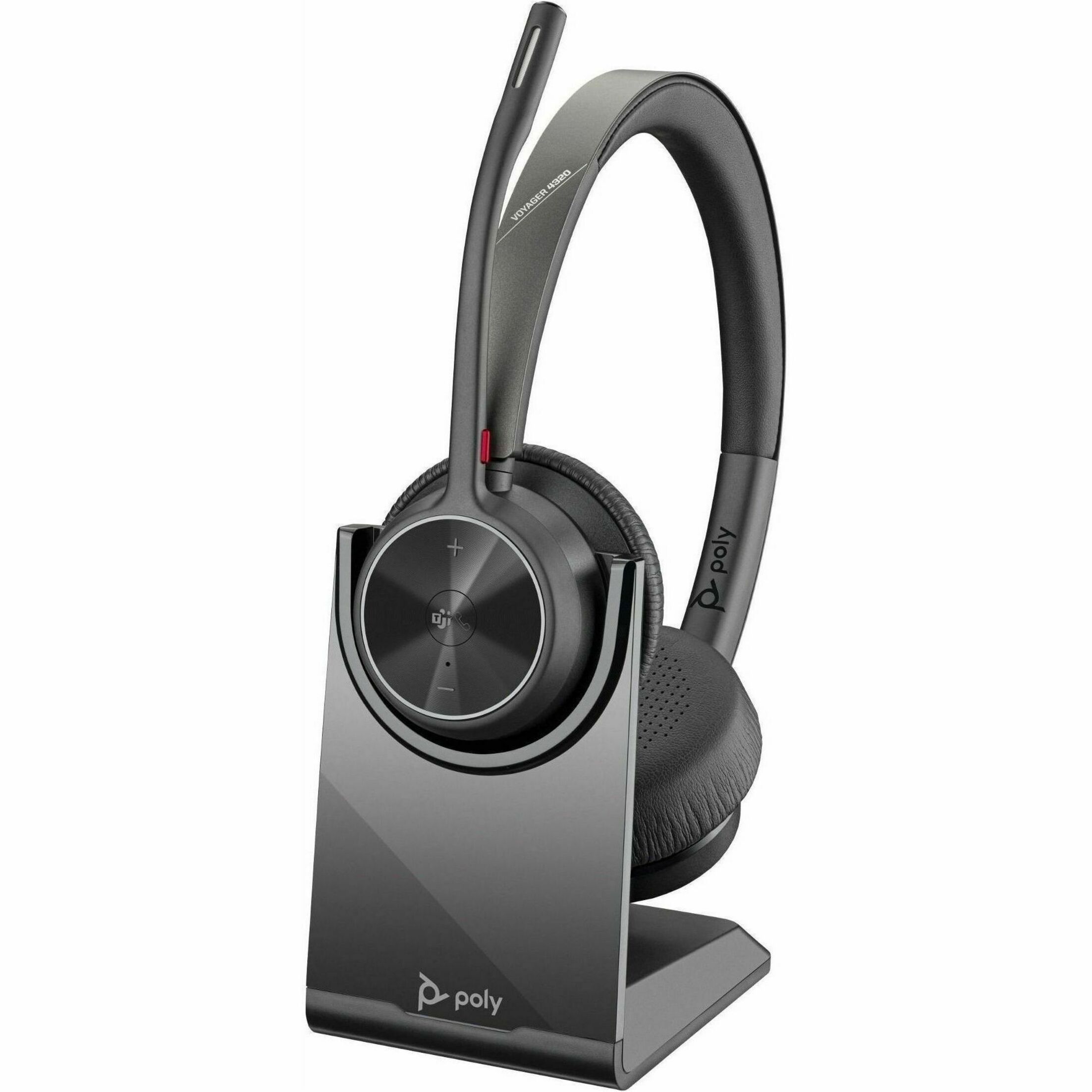 Poly Voyager 4320 Microsoft Teams Certified Headset + BT700 Dongle + Charging Stand - Microsoft Teams Certification - Siri, Google Assistant - Stereo - USB Type A - Wired/Wireless - Bluetooth - 298.6 ft - 20 Hz to 20 kHz - Over-the-head, On-ear - Binaural - Supra-aural - 4.92 ft Cable - Electret Condenser, MEMS Technology, Noise Cancelling Microphone - Noise Canceling - Black
