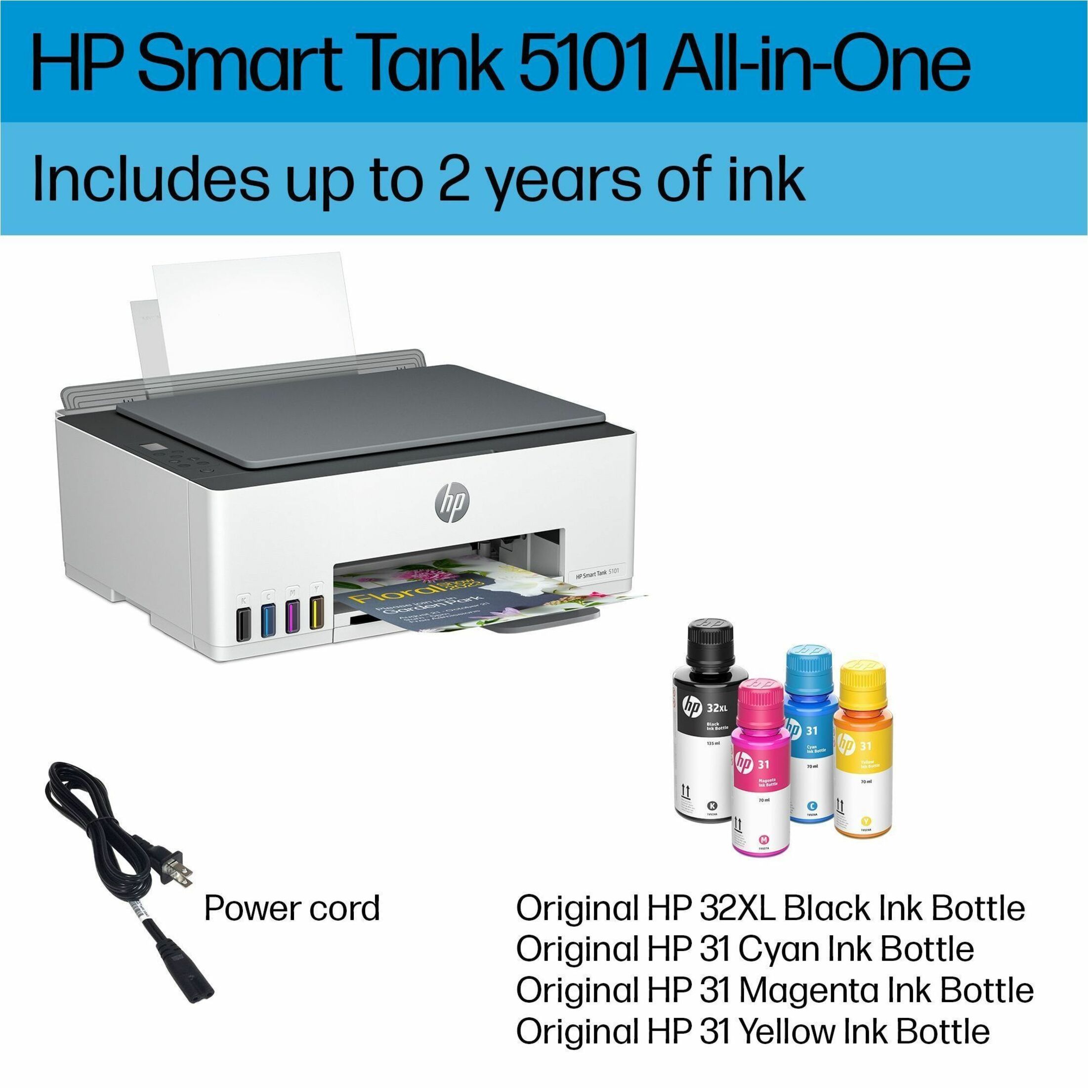 HP 5101 Wireless Smart Tank Inkjet Multifunction Printer - Color - Copier/Printer/Scanner - 4800 x 1200 dpi Print - Manual Duplex Print - Up to 3000 Pages Monthly - Color Flatbed Scanner - 1200 dpi Optical Scan - Wireless LAN - Wi-Fi Direct, HP Smart App, Apple AirPrint, Mopria Print Service, HP Print Service Plugin, Android Printing - USB - For Plain Paper Print — alternate image1
