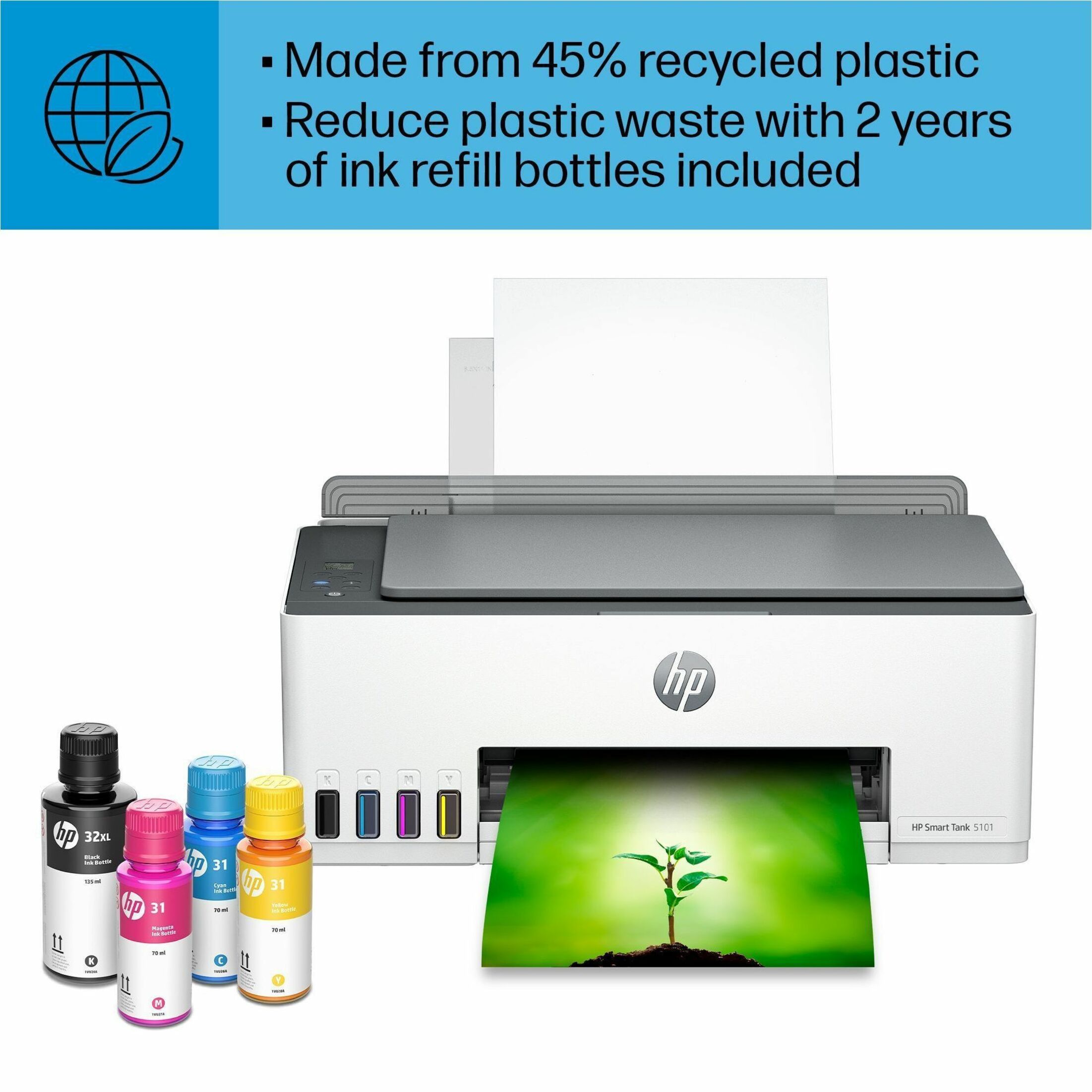 HP 5101 Wireless Smart Tank Inkjet Multifunction Printer - Color - Copier/Printer/Scanner - 4800 x 1200 dpi Print - Manual Duplex Print - Up to 3000 Pages Monthly - Color Flatbed Scanner - 1200 dpi Optical Scan - Wireless LAN - Wi-Fi Direct, HP Smart App, Apple AirPrint, Mopria Print Service, HP Print Service Plugin, Android Printing - USB - For Plain Paper Print — alternate image3