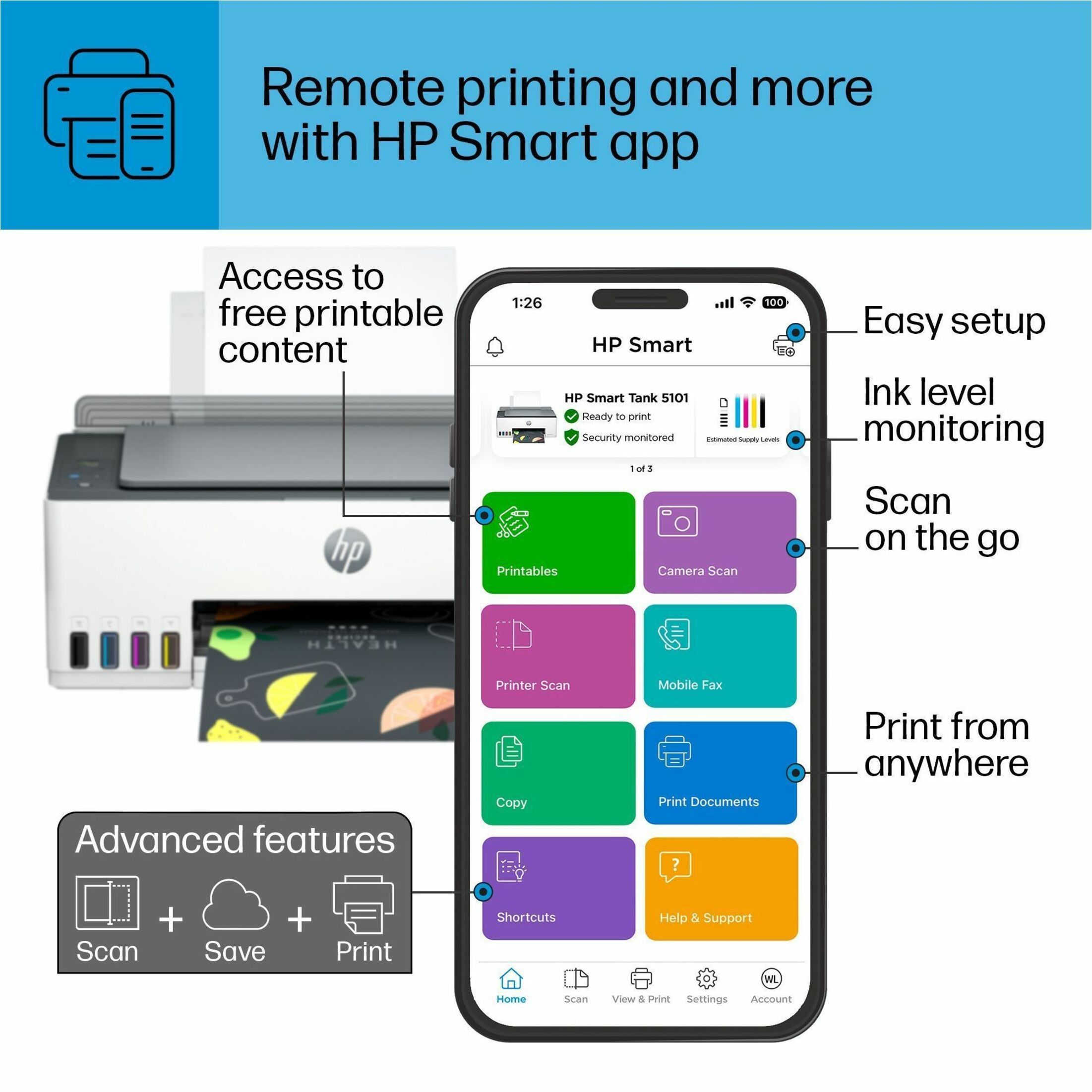 HP 5101 Wireless Smart Tank Inkjet Multifunction Printer - Color - Copier/Printer/Scanner - 4800 x 1200 dpi Print - Manual Duplex Print - Up to 3000 Pages Monthly - Color Flatbed Scanner - 1200 dpi Optical Scan - Wireless LAN - Wi-Fi Direct, HP Smart App, Apple AirPrint, Mopria Print Service, HP Print Service Plugin, Android Printing - USB - For Plain Paper Print — alternate image5