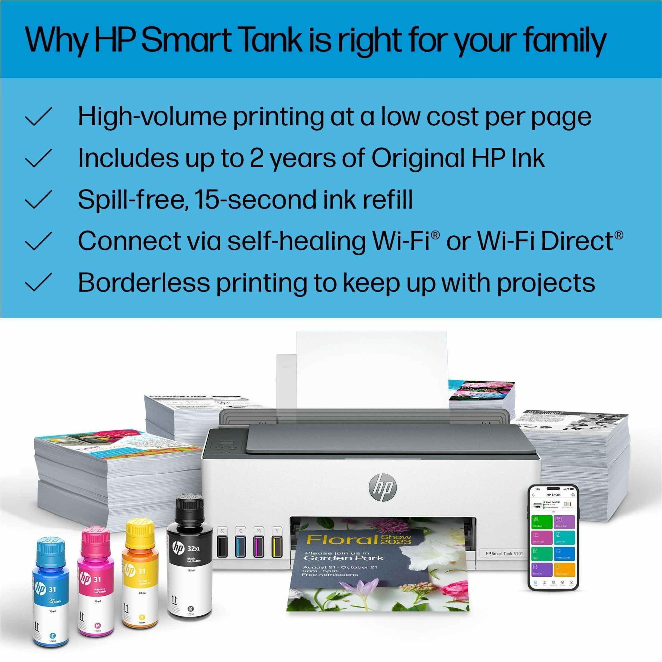 HP 5101 Wireless Smart Tank Inkjet Multifunction Printer - Color - Copier/Printer/Scanner - 4800 x 1200 dpi Print - Manual Duplex Print - Up to 3000 Pages Monthly - Color Flatbed Scanner - 1200 dpi Optical Scan - Wireless LAN - Wi-Fi Direct, HP Smart App, Apple AirPrint, Mopria Print Service, HP Print Service Plugin, Android Printing - USB - For Plain Paper Print — alternate image6