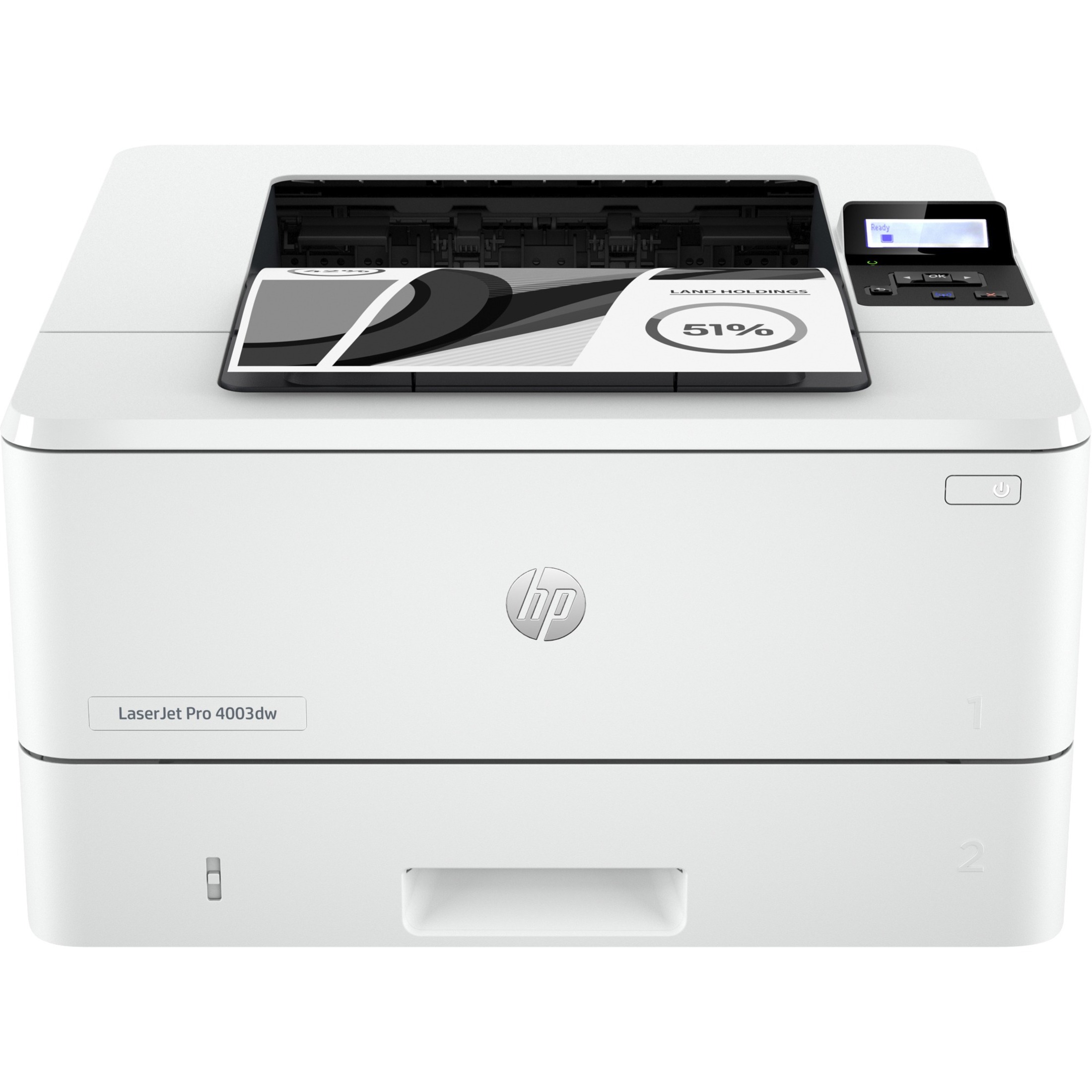 HP LaserJet Pro 4003dw Desktop Wireless Laser Printer - Monochrome - 42 ppm Mono - 1200 x 1200 dpi Print - 350 Sheets Input - Ethernet - Wireless LAN - HP Smart App, Apple AirPrint, Wi-Fi Direct - 80000 Pages Duty Cycle - Plain Paper Print - Gigabit Ethernet - USB — frontmaximum
