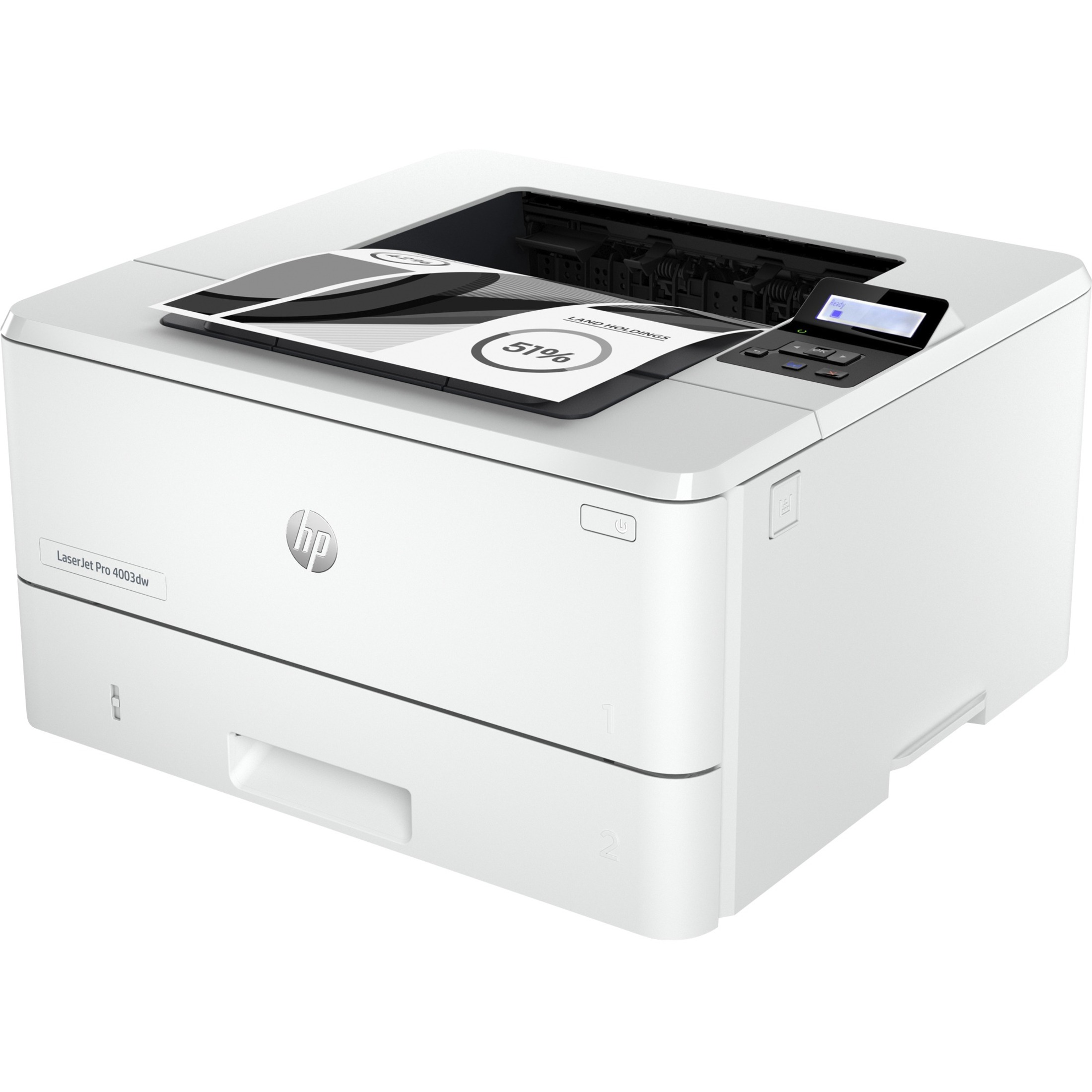 HP LaserJet Pro 4003dw Desktop Wireless Laser Printer - Monochrome - 42 ppm Mono - 1200 x 1200 dpi Print - 350 Sheets Input - Ethernet - Wireless LAN - HP Smart App, Apple AirPrint, Wi-Fi Direct - 80000 Pages Duty Cycle - Plain Paper Print - Gigabit Ethernet - USB — left