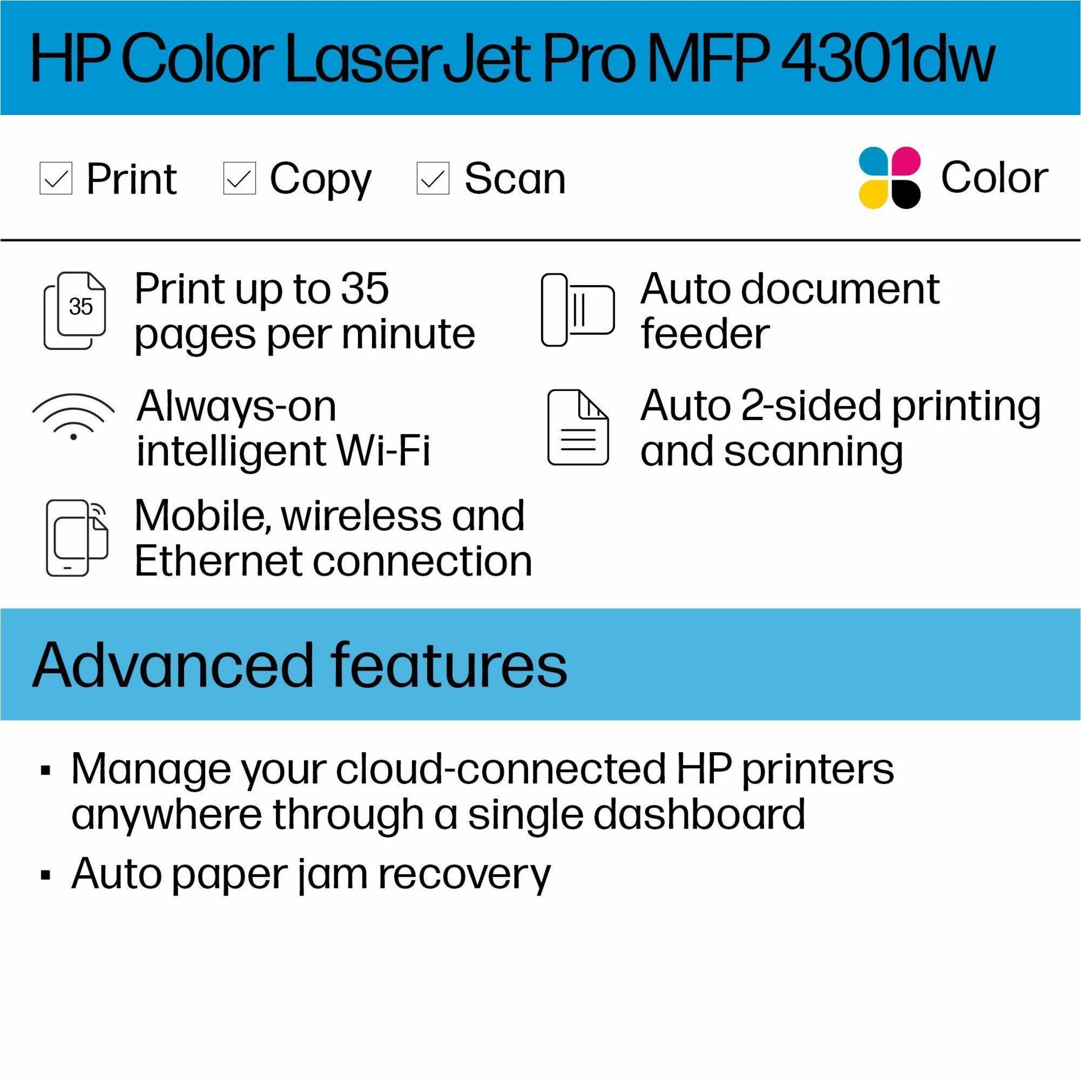 HP LaserJet Pro 4301dw Wireless Laser Multifunction Printer - Color - Copier/Printer/Scanner - 40 ppm Mono/40 ppm Color Print - 600 x 600 dpi Print - Automatic Duplex Print - Up to 50000 Pages Monthly - Color Flatbed Scanner - 600 x 600 dpi Optical Scan - Gigabit Ethernet - Wireless LAN - Wi-Fi Direct, HP Smart App, Apple AirPrint, Mopria - USB - For Plain Paper Print - 1 Each — alternate image6